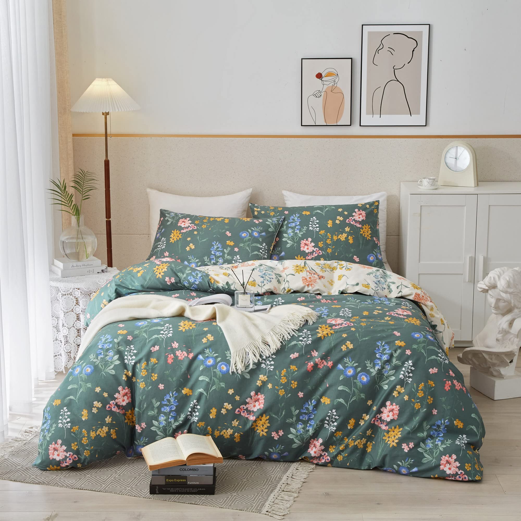 **PinkMemory Queen Size Duvet Cover Set - 100% Cotton Green & White Floral Pattern, Soft & Durable with Zipper Closure, Includes Pillowcases - Perfect for Bedroom, Guest Room, and Home Decor**