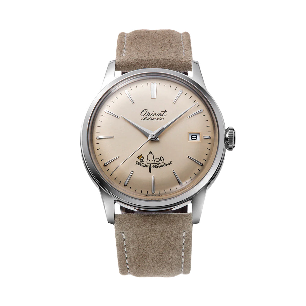 Orient Peanuts 75th Anniversary Limited Edition Bambino 38mm Champagne Dial Watch with Suede Leather Strap - Perfect for Dress Occasions & Collectors
