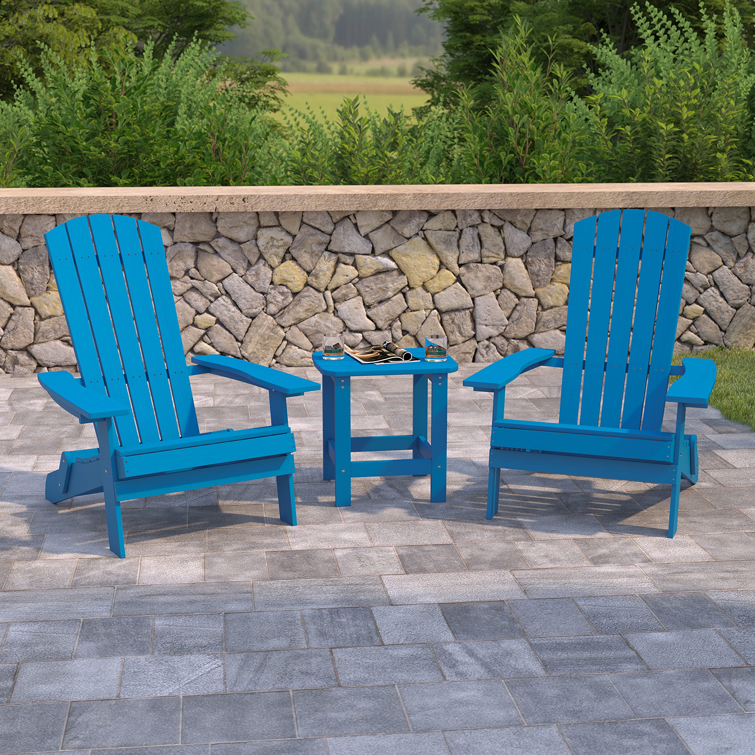 EMMA + OLIVER Set of 2 Blue Folding Adirondack Chairs with Side Table - Indoor Outdoor Patio Furniture for Garden, Deck, Poolside & Backyard Relaxation