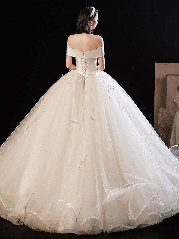 Ivory Off Shoulder Tulle Long Wedding Dress - Elegant Bridal Gown for Church Ceremony & Beach Wedding | Plus Size Available