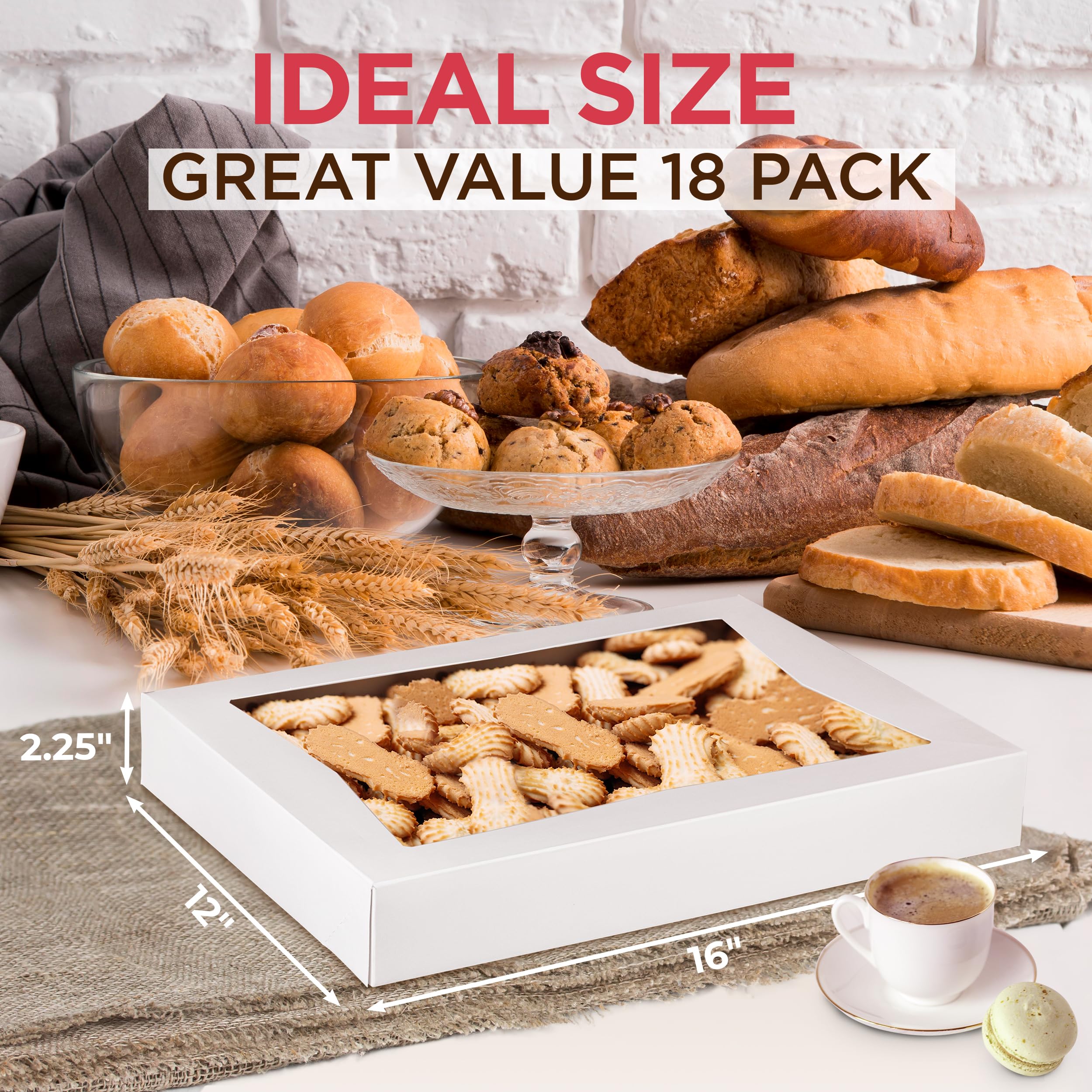 100 Pack 16x12x2.25 Inch White Bakery Boxes with Window - Perfect for 12 Donuts, Auto-Popup Cardboard Gift Packaging, Baking Containers for Cookies, Brownies, Pastries & Bread - Ideal for Bakeries, Cafes, Catering & Home Baking