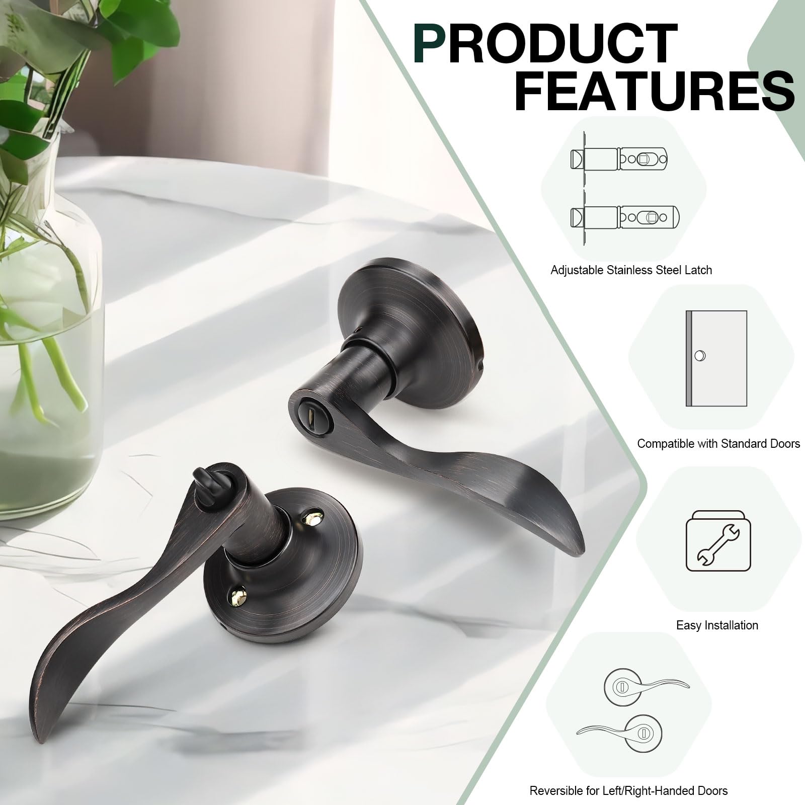 GOBEKOR 10 Pack Oil Rubbed Bronze Privacy Door Levers - Keyless Interior Door Handles with Lock for Bedroom, Bathroom & Closet - Wave Design Modern Door Hardware Set for Home Privacy & Security