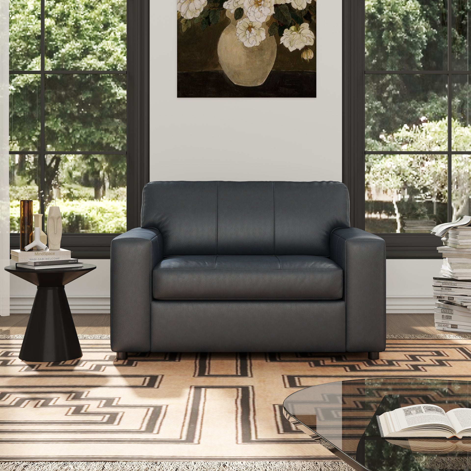Roundhill Furniture Sakan Genuine Leather Upholstered Cutler Lounge Chair - Modern Living Room Accent Chair for Home Office & Reading Nook