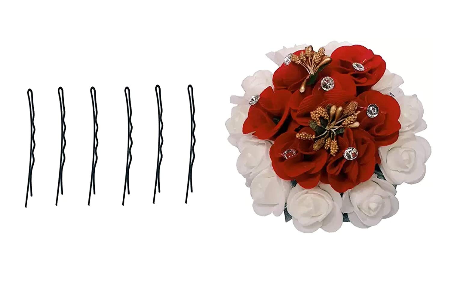 GuruEmbellish 6-Piece Floral Gajra Hair Clip Set with Bob Pins - White & Red Traditional Indian Hair Accessories for Women & Girls - Perfect for Weddings, Festivals & Cultural Events
