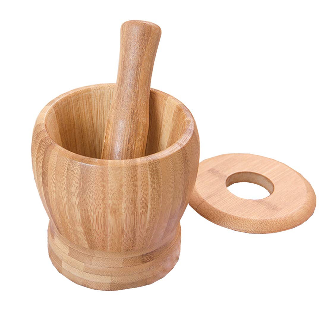 Premium Bamboo Mortar and Pestle Set with Lid - Natural Spice Grinder & Herb Mixing Bowl - Durable Kitchen Cooking Tools for Grinding Herbs, Spices, and Pesto - Perfect for Home Chefs and Ayurvedic Remedies