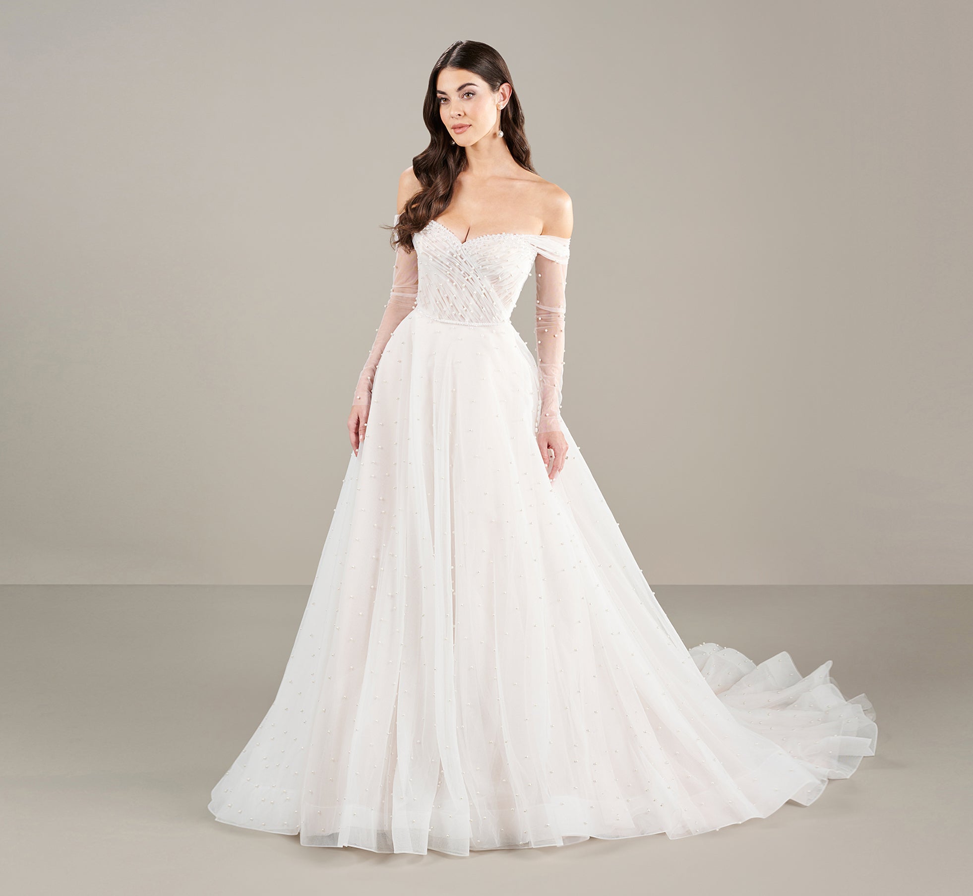 Elegant Off Shoulder Pearl Trimmed Lace Gown - Ivory & French Lilac Color for Wedding, Prom, Evening Party & Special Occasions