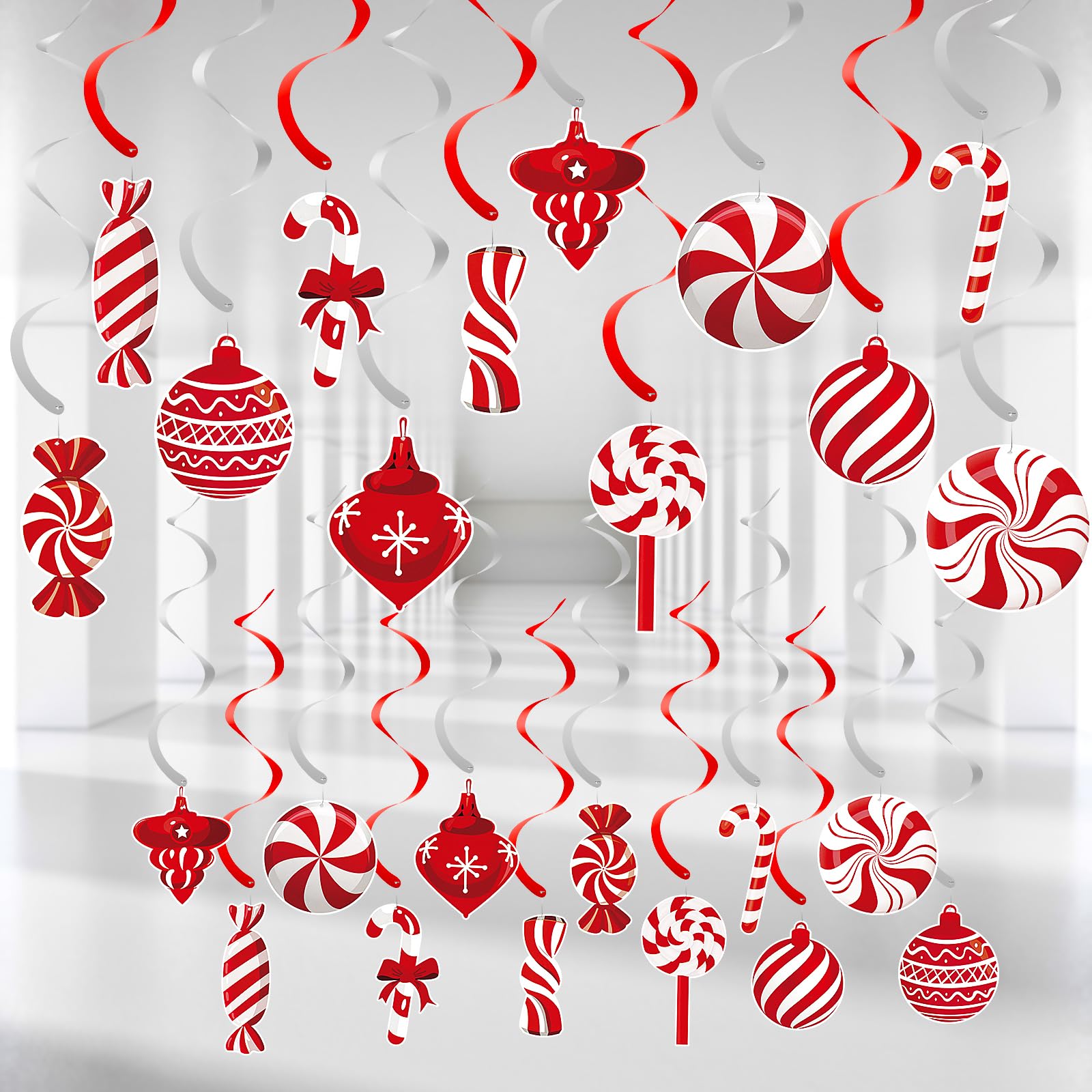 24 Pcs Red and White Christmas Candy Cane Hanging Decorations - Peppermint Swirl Lollipop Ornaments for Ceiling, Streamers for Candy Land Theme, Winter Holiday & Xmas Party Decor - Perfect for Home, Office, and Classroom Christmas Decorations