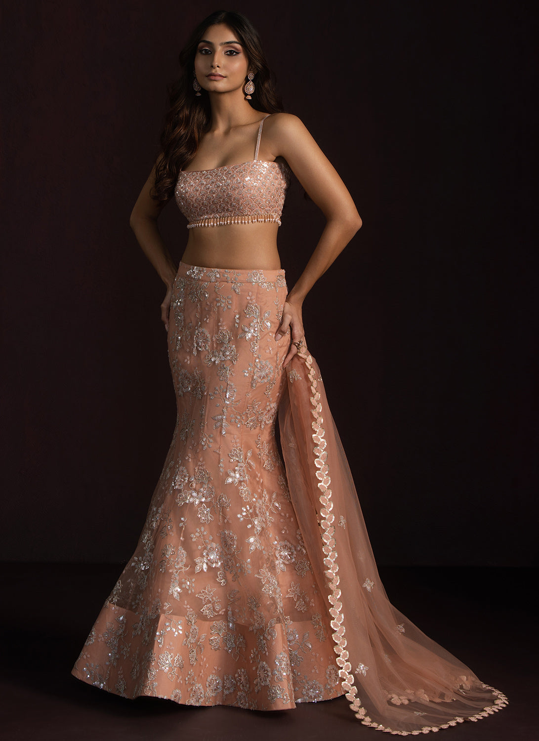Peach Fishcut Embroidered Net Lehenga Choli - Traditional Indian Bridal Dress for Wedding, Festivals & Special Occasions