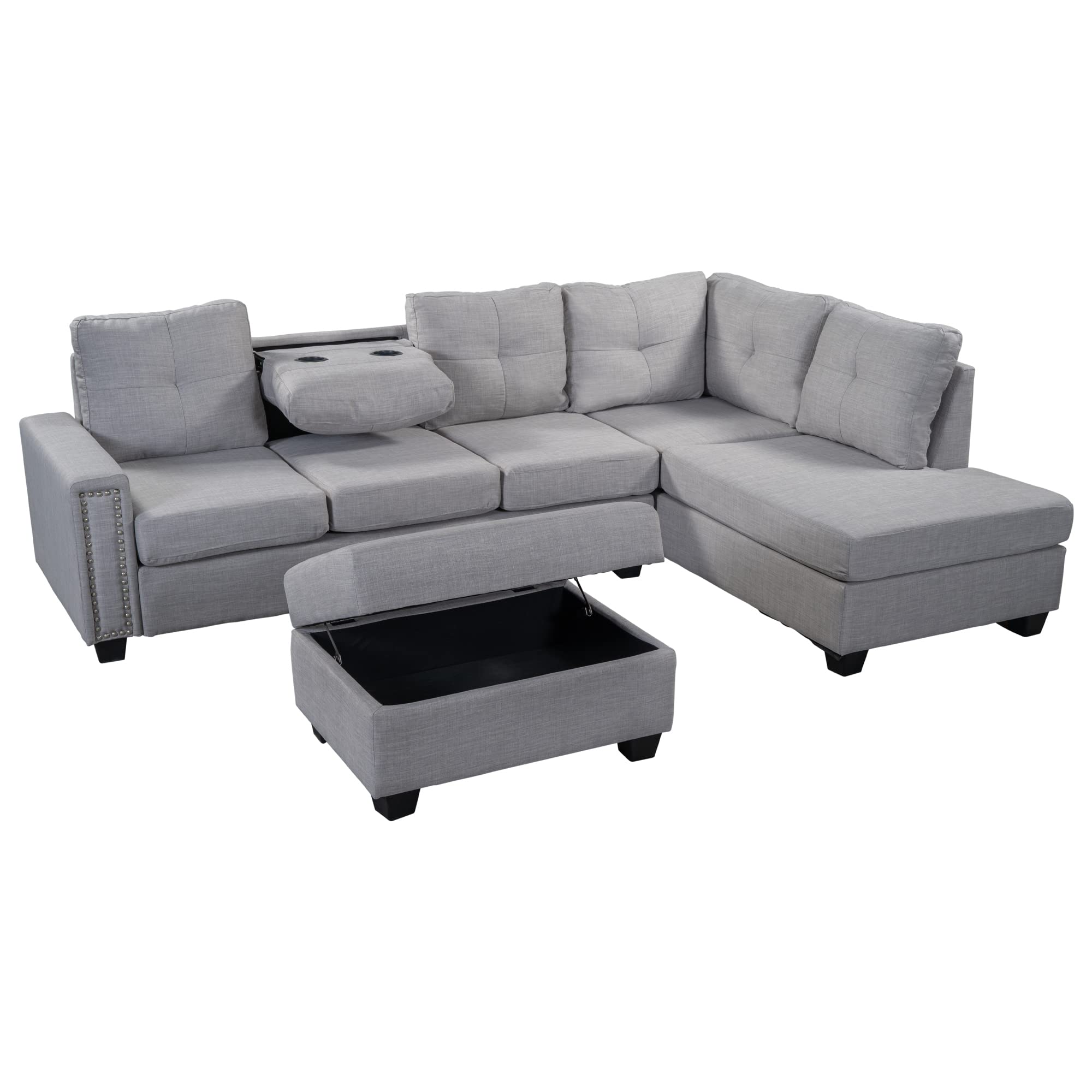 P PURLOVE L-Shaped Sectional Sofa with Reversible Chaise Lounge, Storage Ottoman & Cup Holders - Modern Living Room Furniture Set with Nail Head Trim in Light Gray | Perfect for Small Spaces, Apartments & Cozy Home Decor