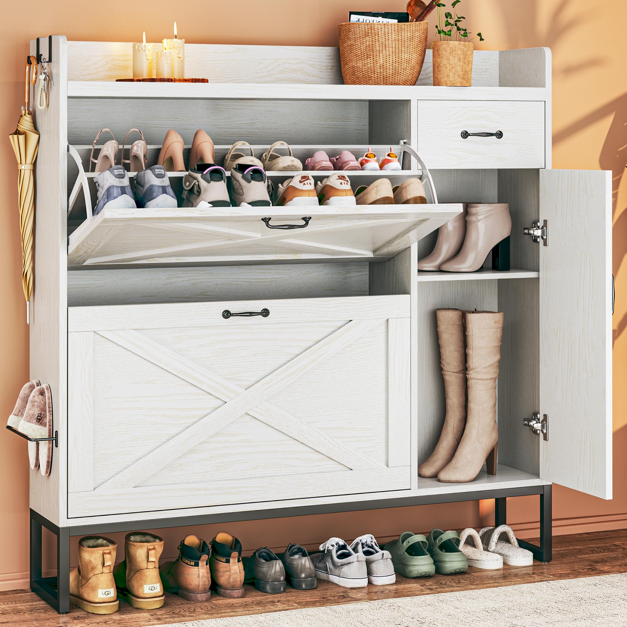 White Shoe Cabinet with 2 Flip Drawers & Side Storage - Adjustable Shelves Shoe Organizer for Entryway, Hallway - Space Saving Mounted Shoe Rack for Home, Apartment, Dorm Room Organization