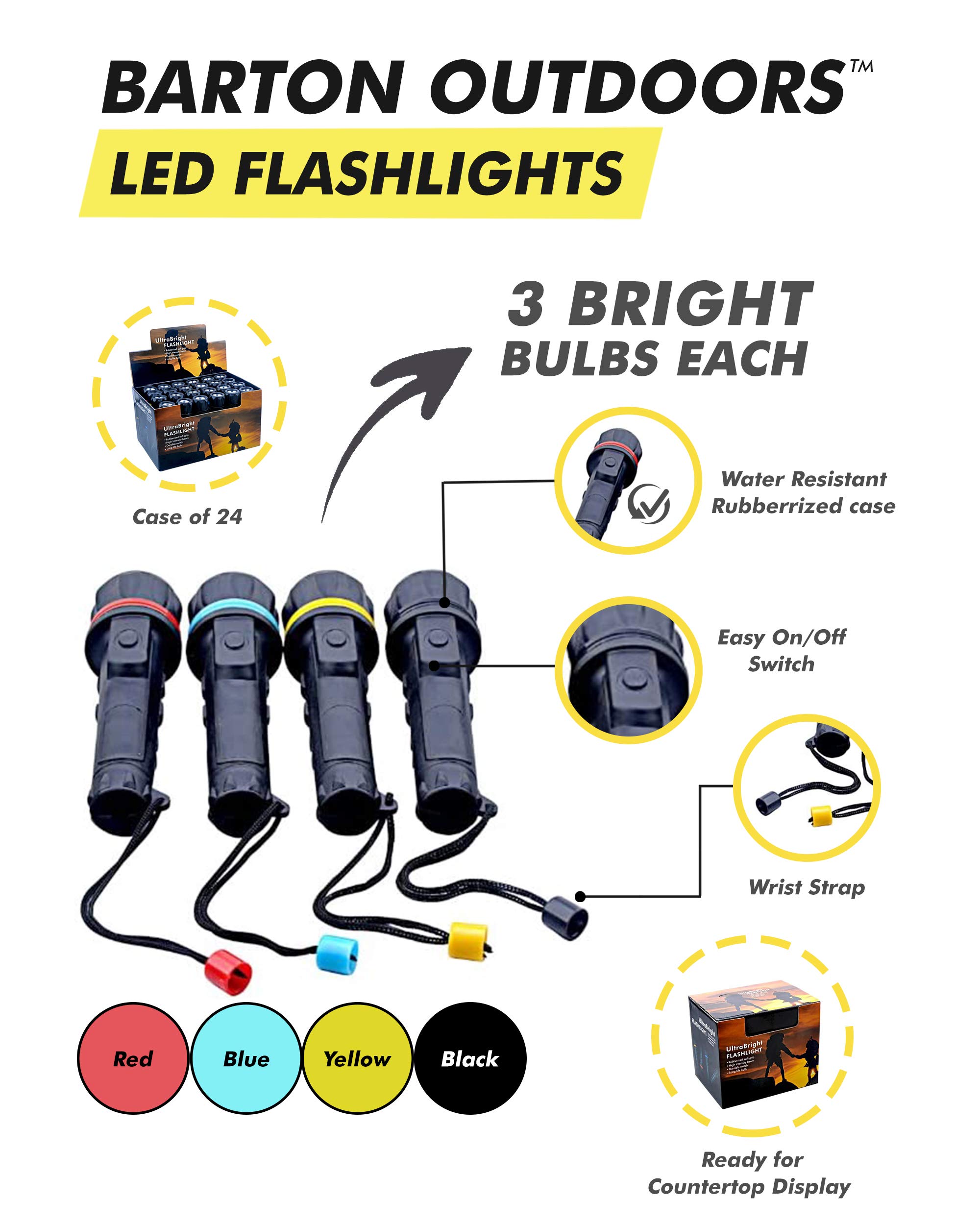 24-Pack LED Flashlights with 3 Bright Bulbs - Waterproof Rubberized Case & Wrist Strap - Easy On/Off Switch - Perfect for Camping, Emergencies & Home Use