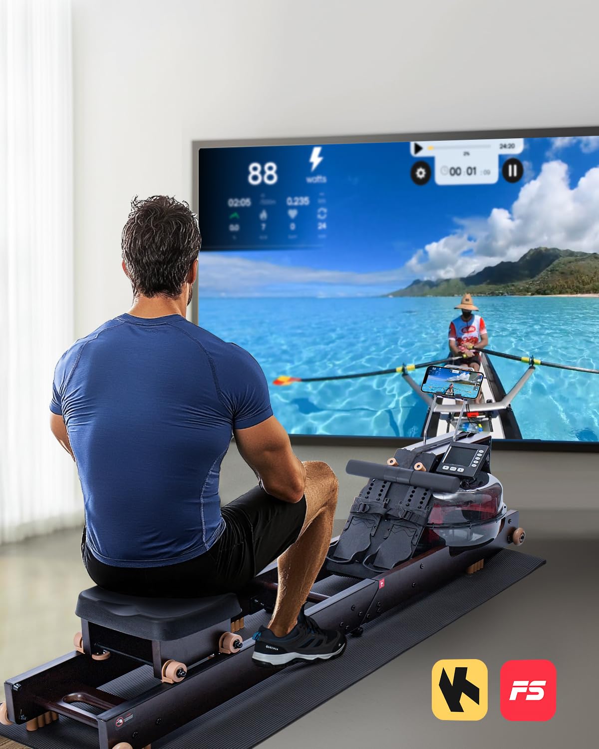 Foldable Water Rowing Machine for Home Gym - Bluetooth Connected Rower with LCD Monitor, Adjustable Foot Pedals & Tablet Holder - Perfect for Full-Body Workout, Cardio Training & Small Space Fitness