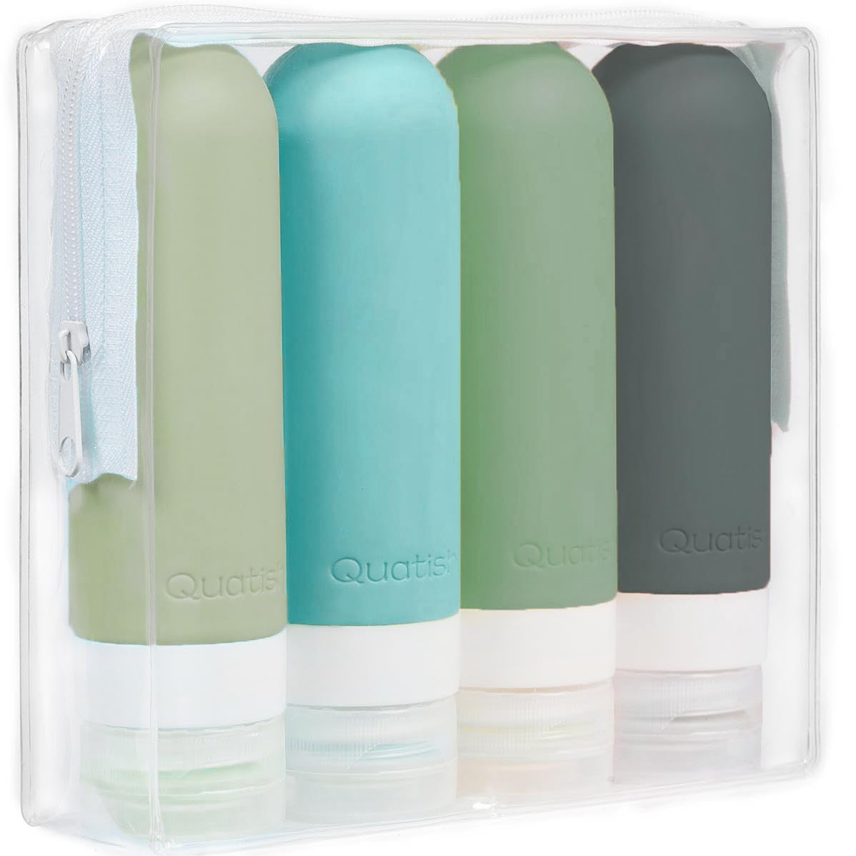 Quatish Original Patented 3oz TSA Approved Leak Proof Travel Bottles Set - 4 Pack Silicone Shampoo Containers with Toiletry Bag (Morandi Color) for Airplane, Gym, Camping & Vacation Essentials