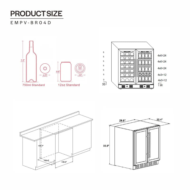 Empava 6.3 cu.ft Dual Zone Wine and Beverage Cooler - Stainless Steel Refrigerator for 33 Bottles or 96 Cans - Perfect for Home Bars, Restaurants, and Wine Cellars