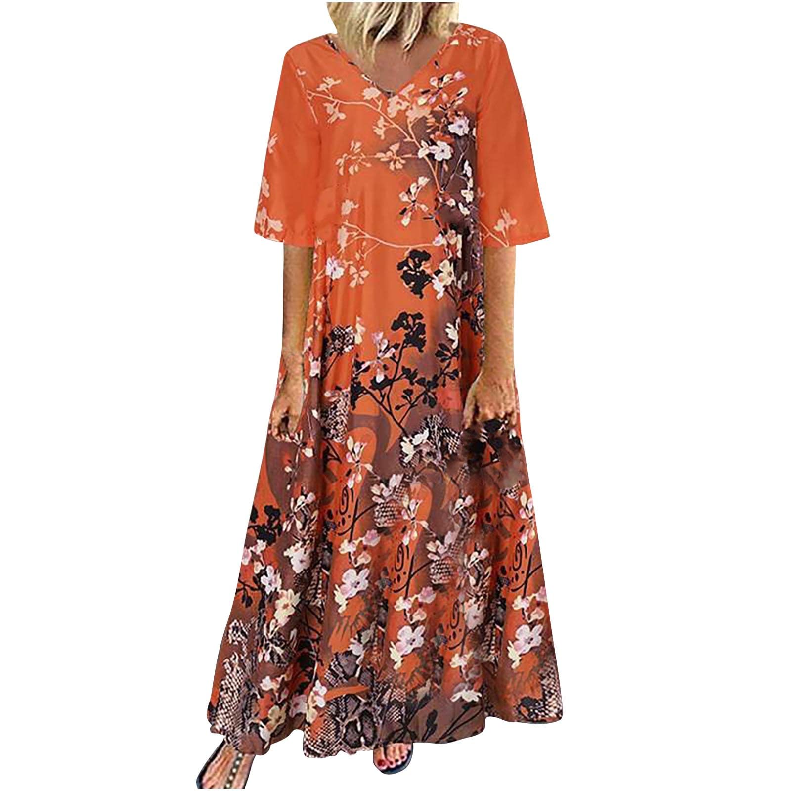 Women's Summer Dresses 2022 - Casual V-Neck Floral Print Half Sleeve Loose A-Line Swing Dress | Vintage Floral Flared Party Dress for Beach, Vacation & Outdoor Events