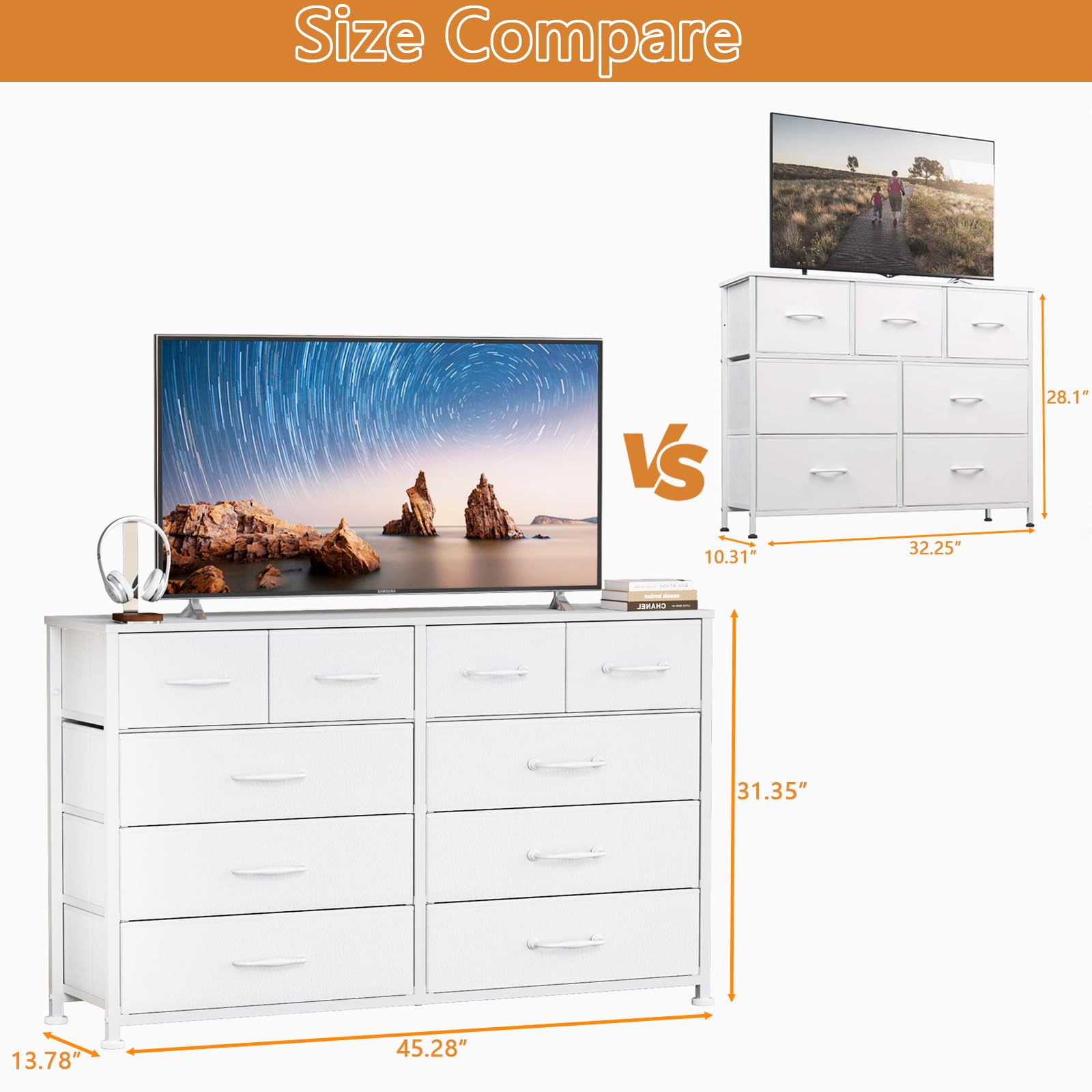 Furnulem White 55-Inch TV Stand Dresser - 10-Drawer Storage Cabinet with Sturdy Metal Frame for Bedroom, Living Room & Entryway | Perfect as TV Stand, Entertainment Center & Tall Storage Organizer