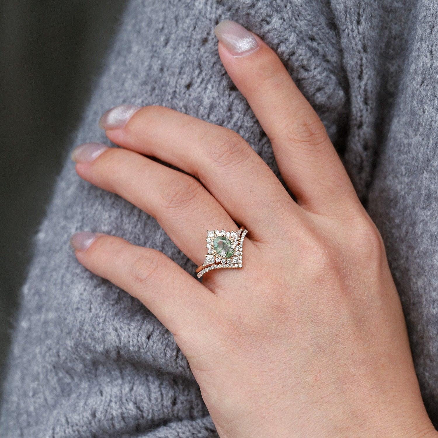 Oval Moss Agate Halo Ring Set - 2 Piece Sterling Silver Wedding Band for Women - Perfect for Engagement, Anniversary & Gift Giving