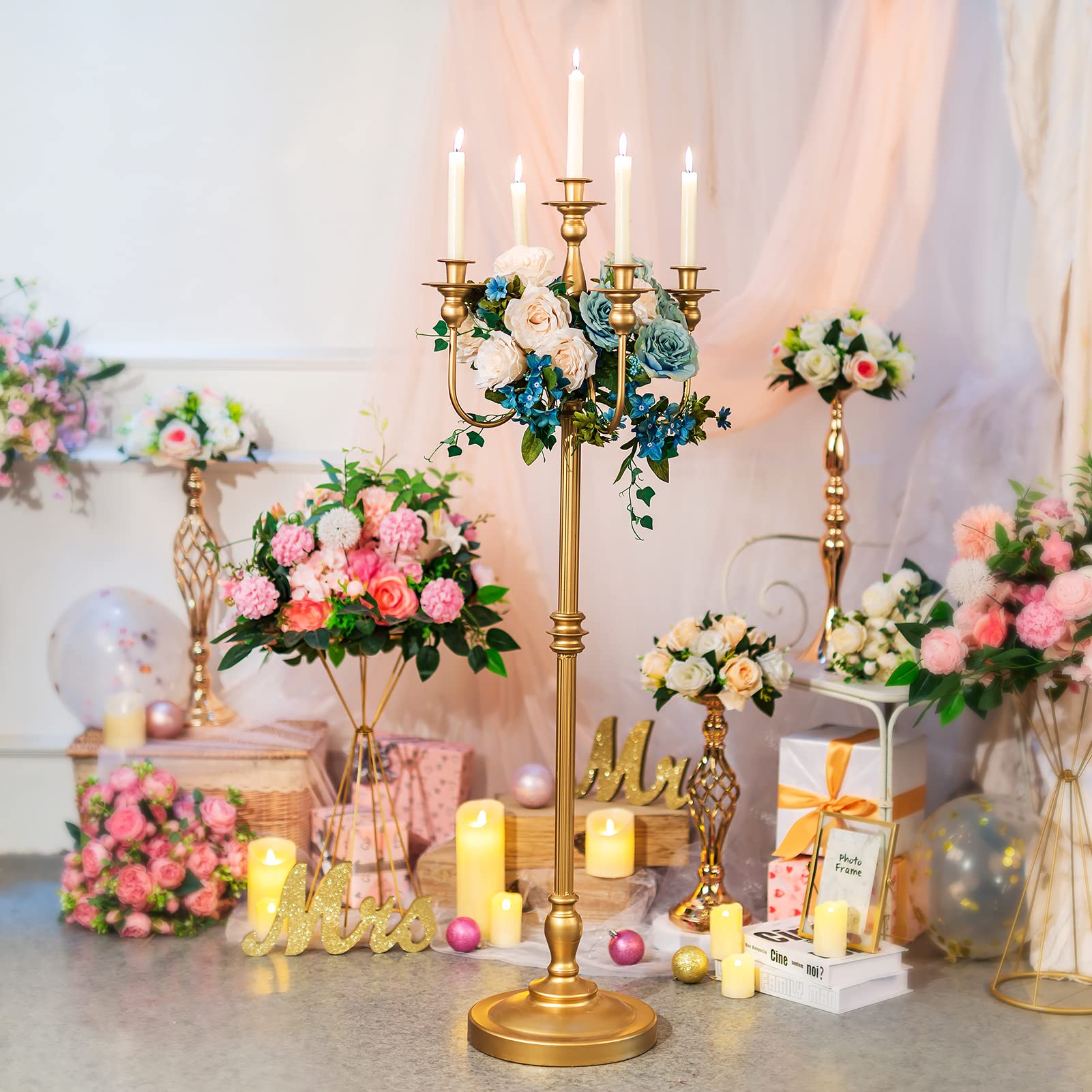 Antique Gold Floor Candelabra - Tall Taper Candle Holder & Floral Centerpiece Stand for Weddings, Parties, Home Decor | Elegant Living Room & Event Decoration