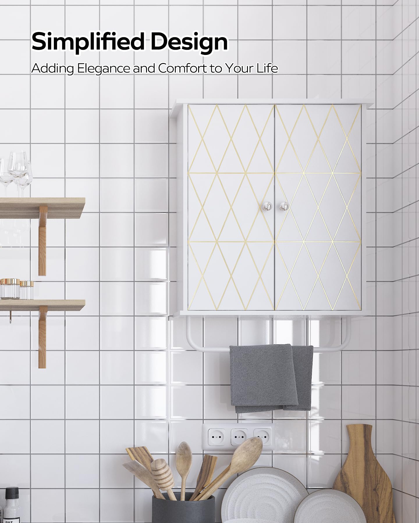 White Bathroom Wall Cabinet with Gold Decoration - Adjustable Shelves Medicine Storage Cabinet for Above Toilet Space Saving - Perfect for Bathroom Organization and Living Room Storage