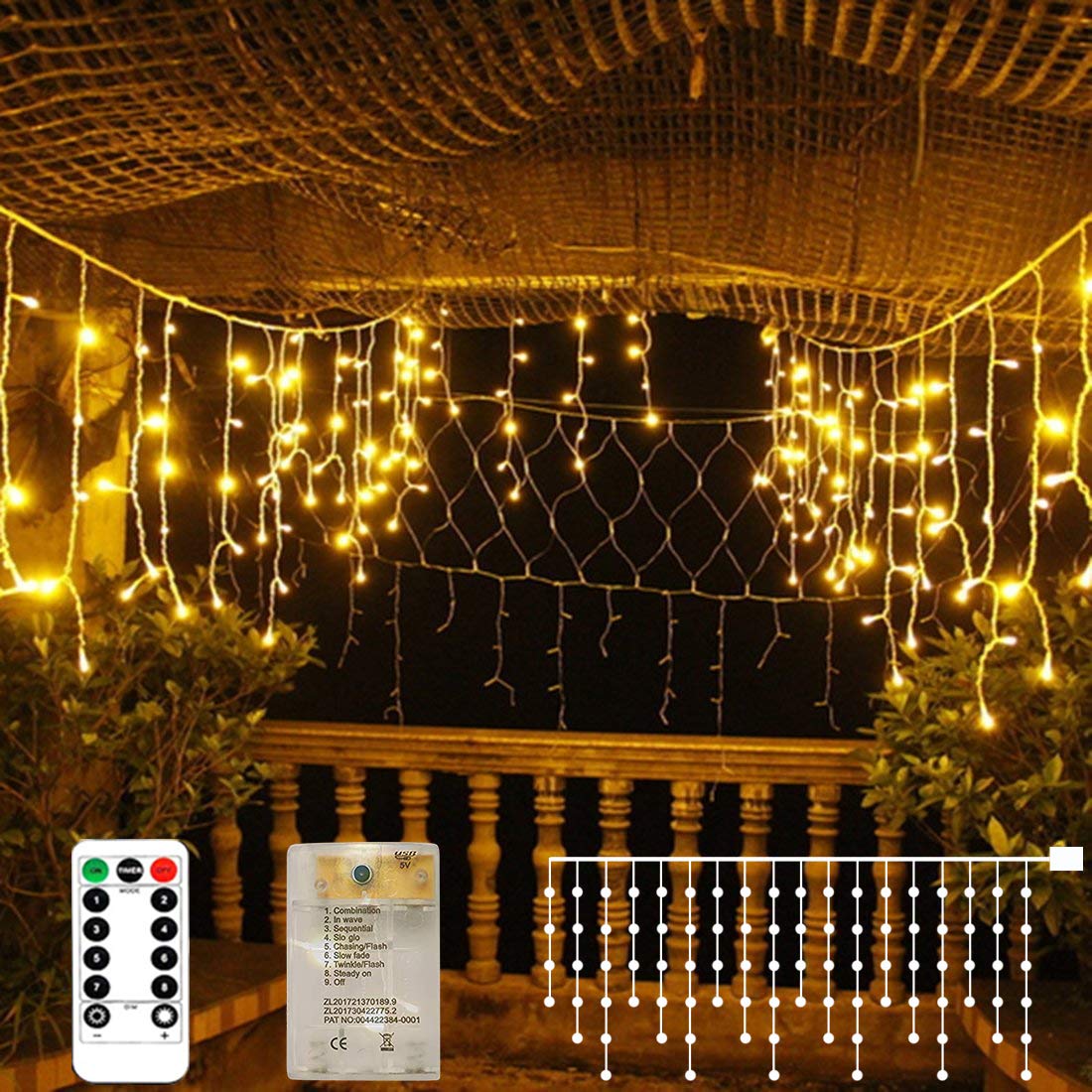 90 LED Icicle Lights - 10 ft Waterproof Fairy String Lights with Remote Control & 8 Modes (USB/Battery Powered) for Indoor/Outdoor Holiday Decorations, Christmas Tree, Party, Wedding & Window Decoration (Warm White)