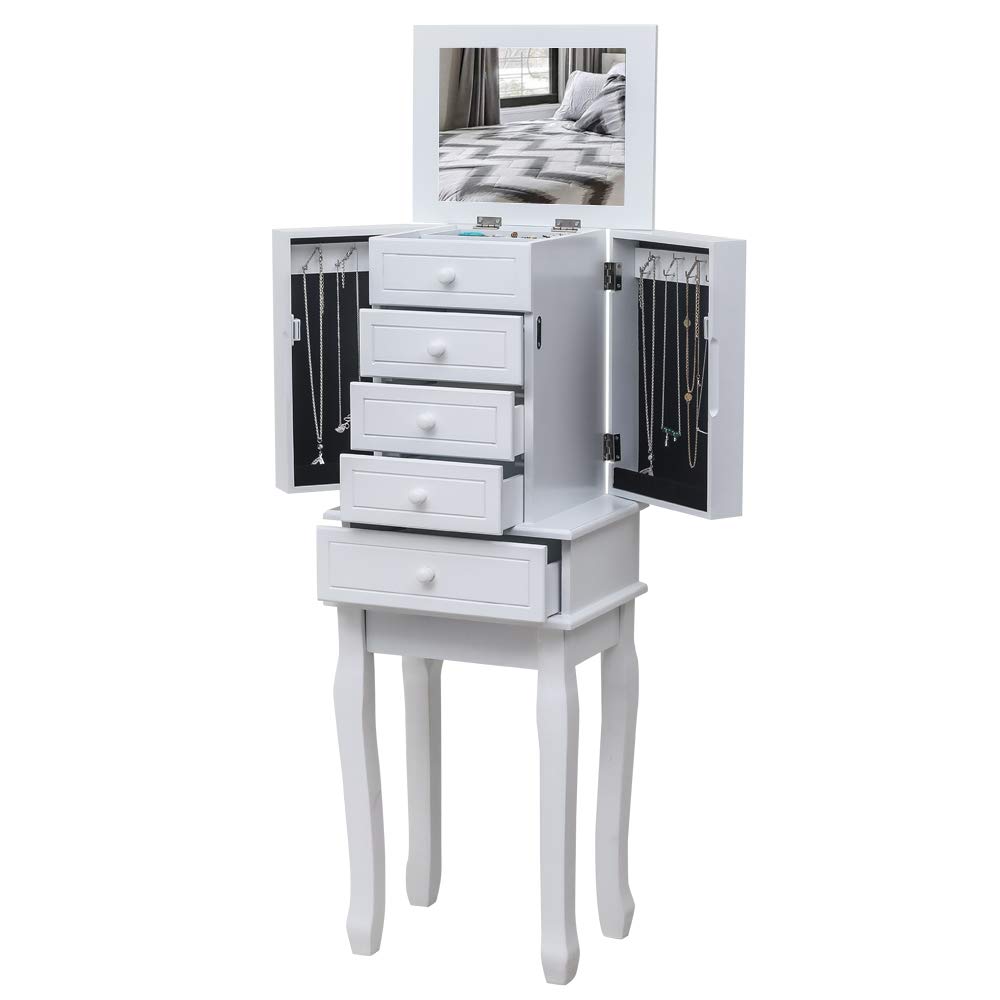White Standing Jewelry Armoire with Full-Length Mirror - 5 Drawers, 14 Necklace Hooks & Removable Ring Storage - Jewelry Cabinet Organizer with Swing Doors for Bedroom, Closet & Dressing Room