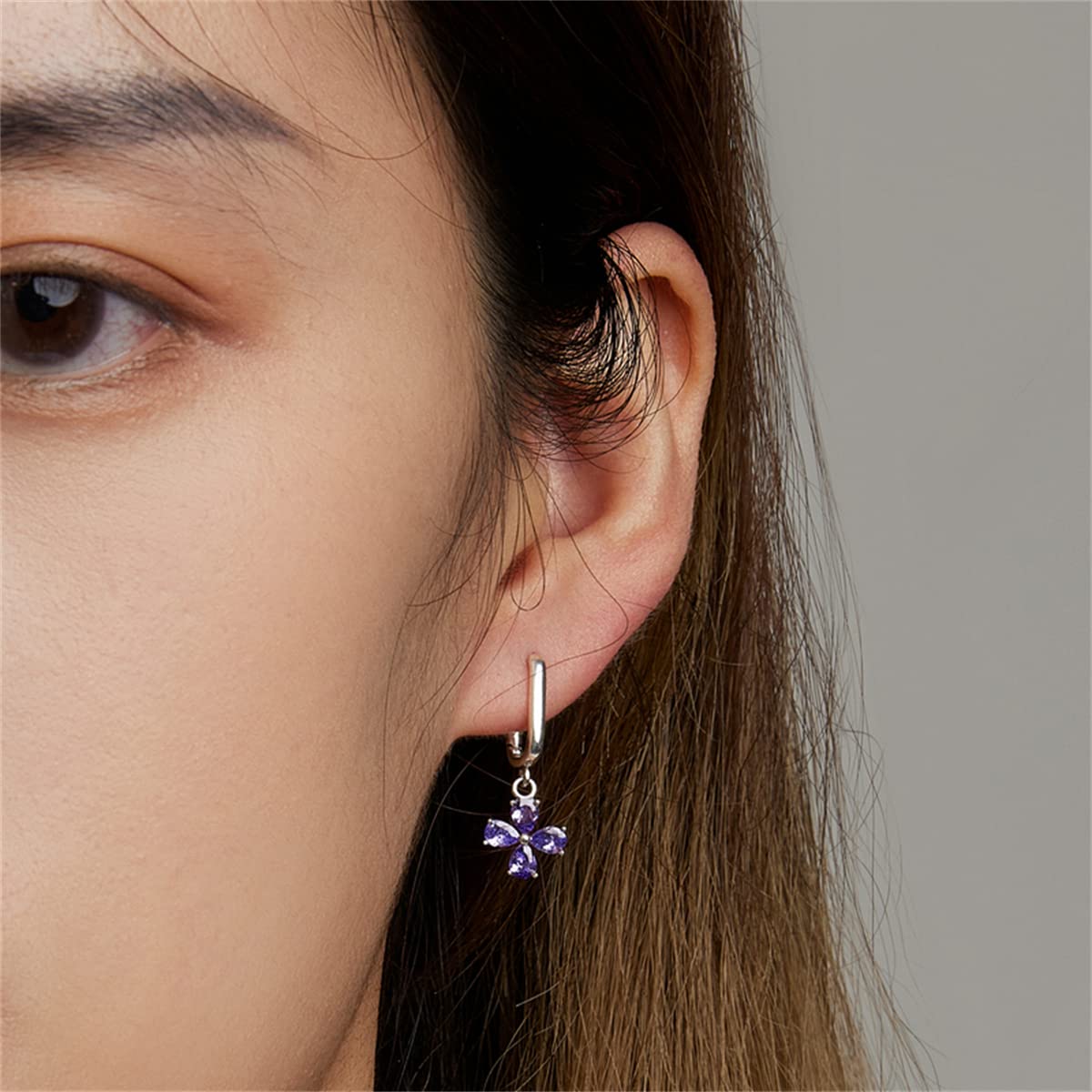 BISAER 925 Sterling Silver Purple Flower Stud Earrings with Crystal CZ Accents - Elegant Hoop & Dangle Drop Earrings for Women | Perfect for Parties, Weddings & Everyday Wear