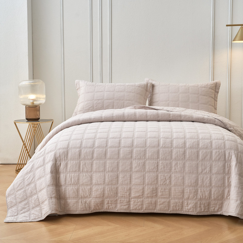 Embroidered Square Light Sand Coverlet - Super King Size Bedspread for Luxury Bedroom Decor | Perfect for Master Bedroom, Guest Room, and Hotel Use