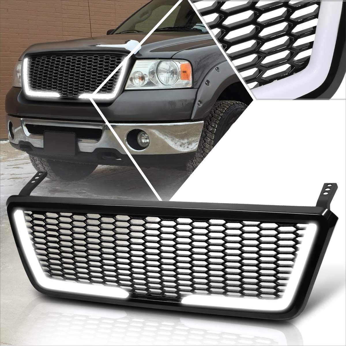 Honeycomb Mesh Front Bumper Grille with LED Lights for 2004-2008 Ford F150 - Black | Upgrade Your Truck's Style & Protection for Off-Road & Daily Driving