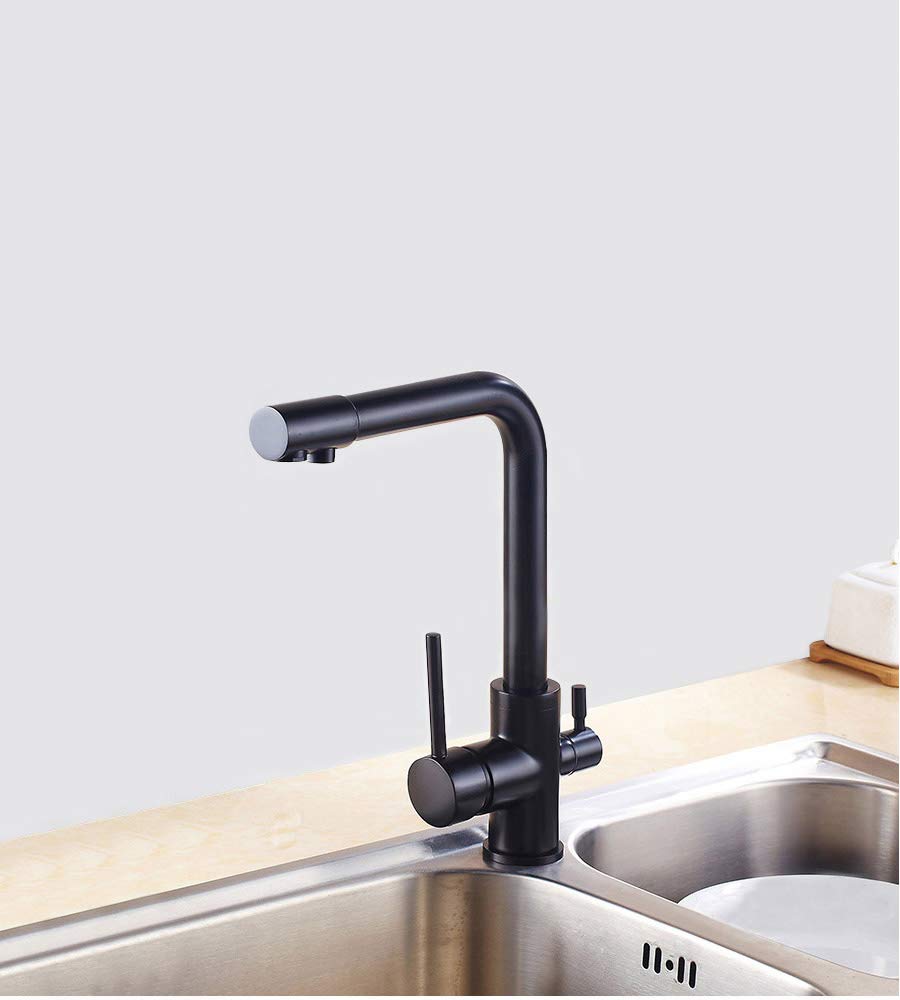 Modern Matte Black Dual Handle Kitchen Sink Faucet with Pull-Down Sprayer & Built-in Water Filter - High Arc Swivel Spout for Bar, Prep, and Farmhouse Sinks - Perfect for Cooking, Washing Dishes & Food Prep
