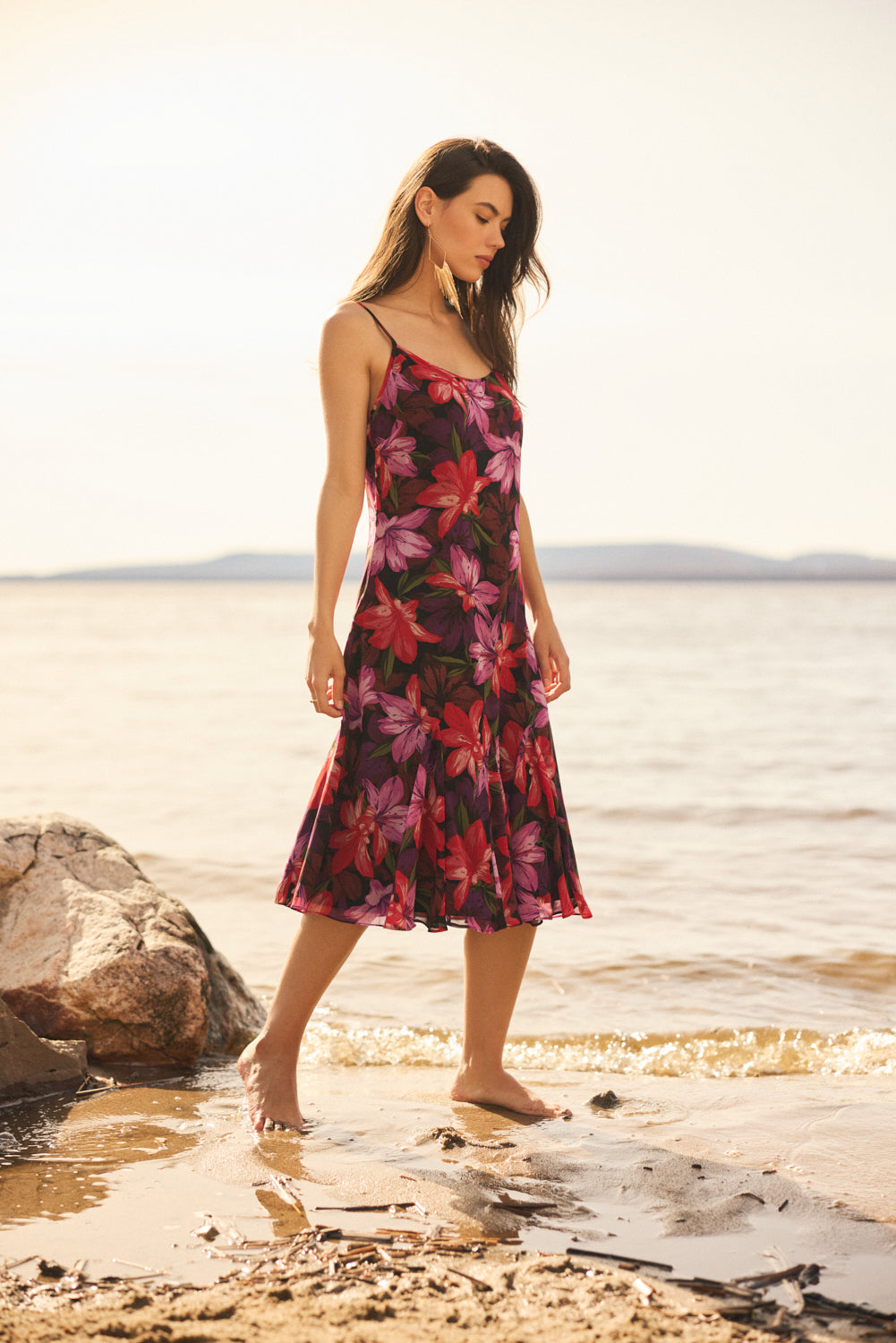 Elegant Floral Spaghetti Strap Chiffon Midi Dress for Women - Summer Beach Wedding Party Cocktail Outfit