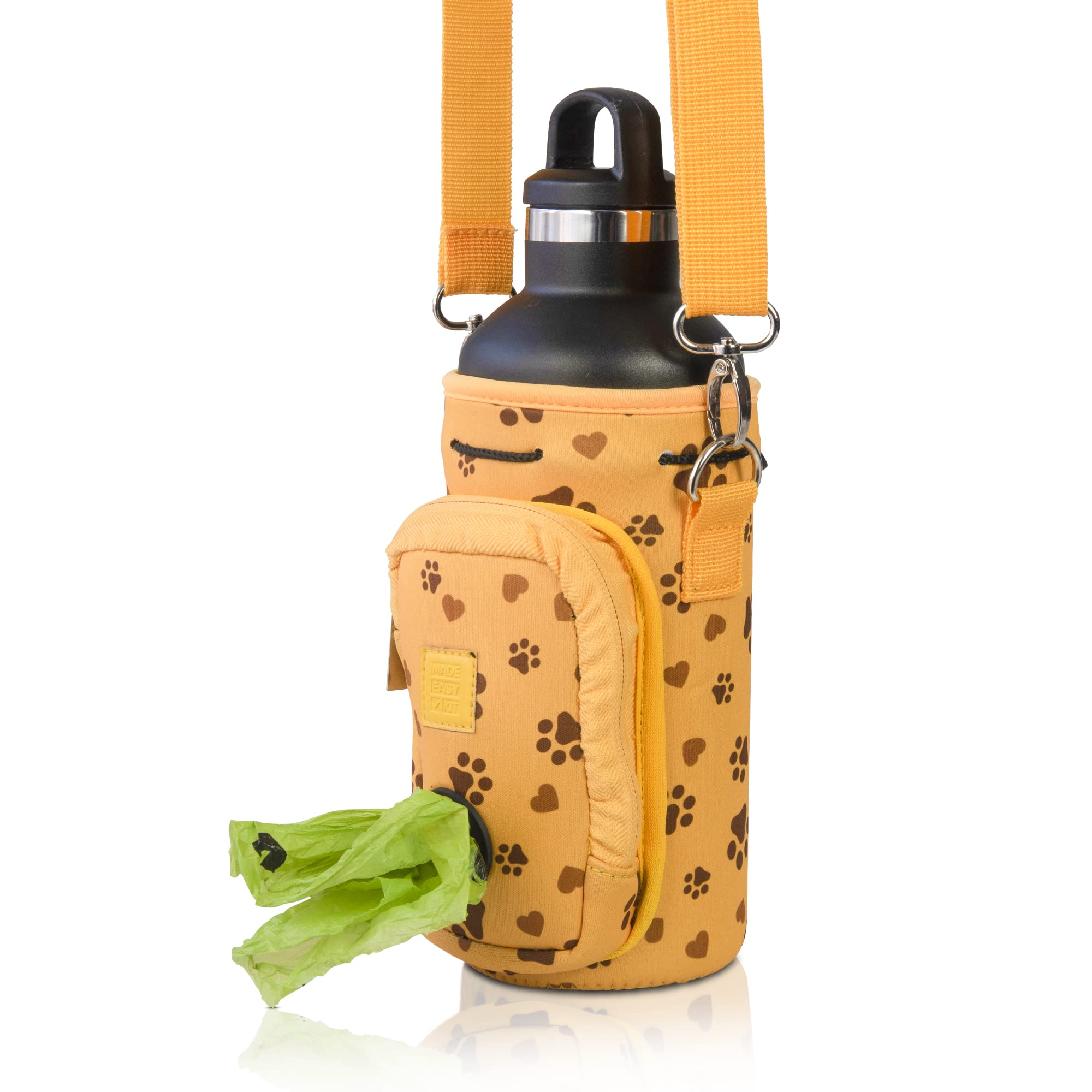 **Portable Dog Water Bottle Carrier with Adjustable Padded Strap & Waste Bag Pocket - Large 32oz with Bowl, Yellow Paws & Hearts Design - Perfect for Hiking, Walking & Outdoor Adventures**