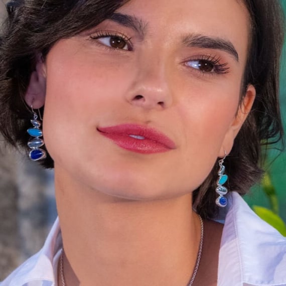 Natural Turquoise & Lapis Lazuli Stacking Pebble Drop Earrings - Handmade Boho Jewelry for Women, Perfect for Casual Wear & Special Occasions
