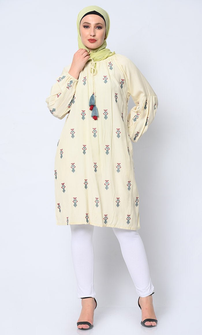 Elegant Embroidered Cream Tunic with Pockets - Women's Boho Chic Blouse for Casual Wear, Office & Special Occasions