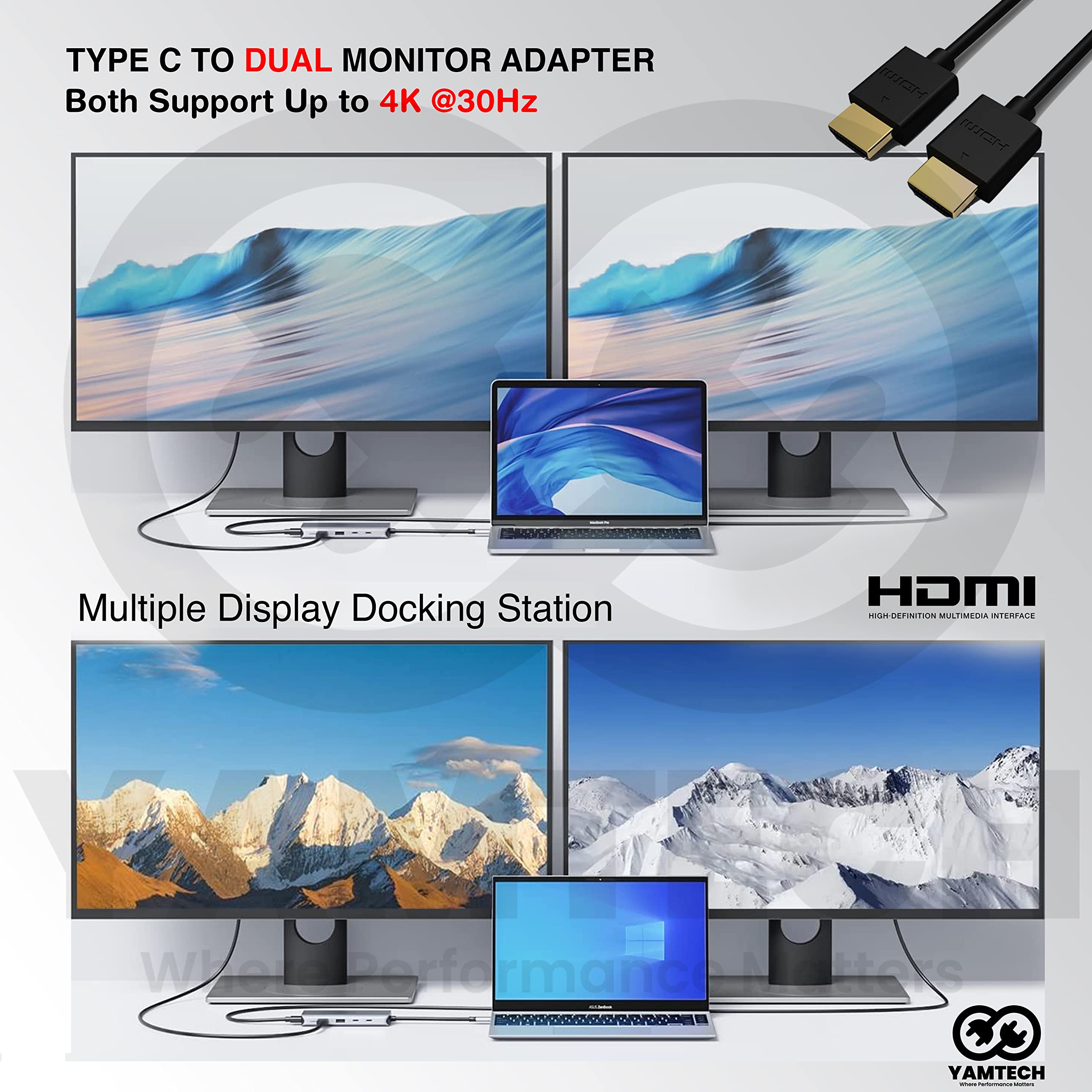 USB C to Dual HDMI Adapter 4K 60Hz - 4-in-1 Multiport Hub for Dual Monitor Setup, MacBook, Chromebook - Perfect for Home Office, Gaming & Multi-Tasking
