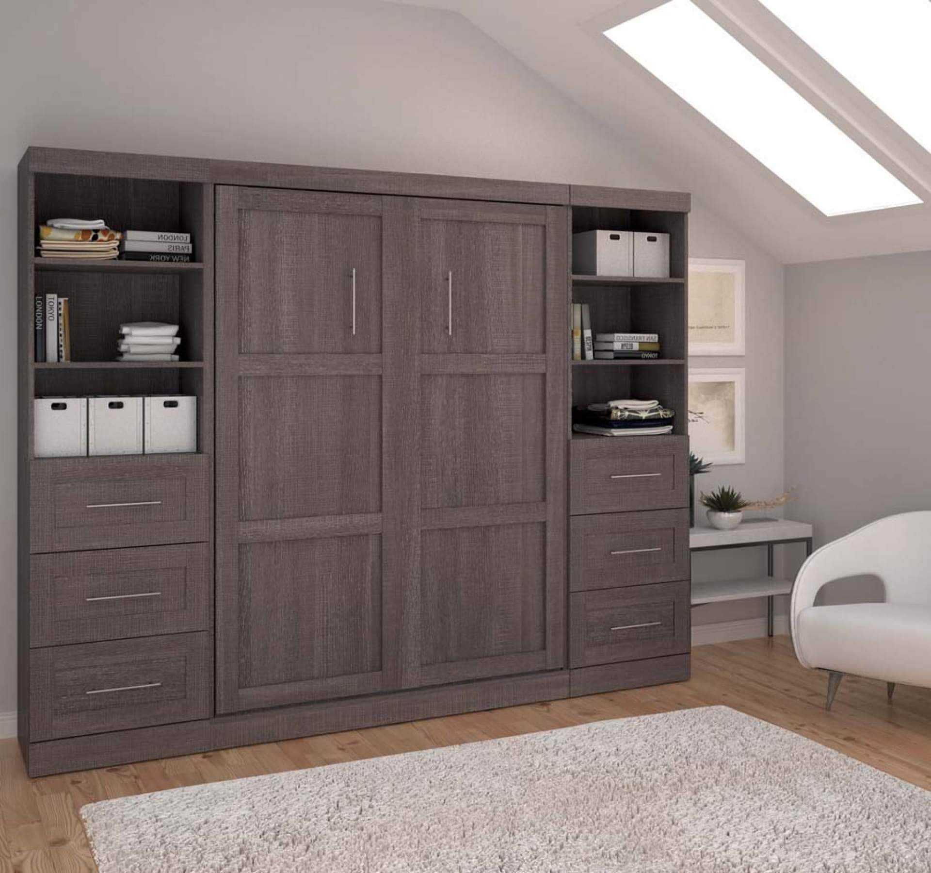 Pur Full Murphy Wall Bed with 2 Storage Units & Drawers (109W) - 7 Color Options for Space-Saving Home Office, Guest Room & Small Apartments