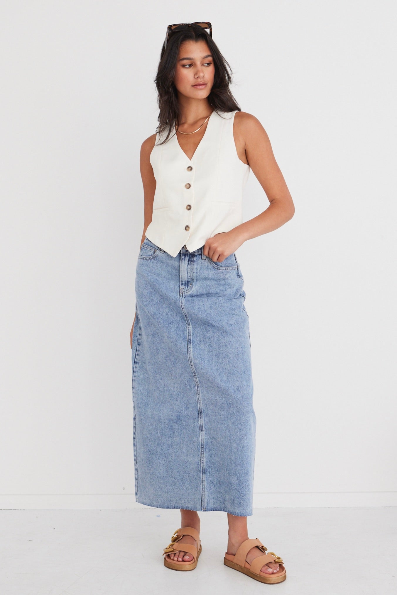 Vintage Blue Denim Midi Skirt for Women - Retro High Waist A-Line Denim Skirt - Perfect for Casual Outfits, Date Nights & Boho Style