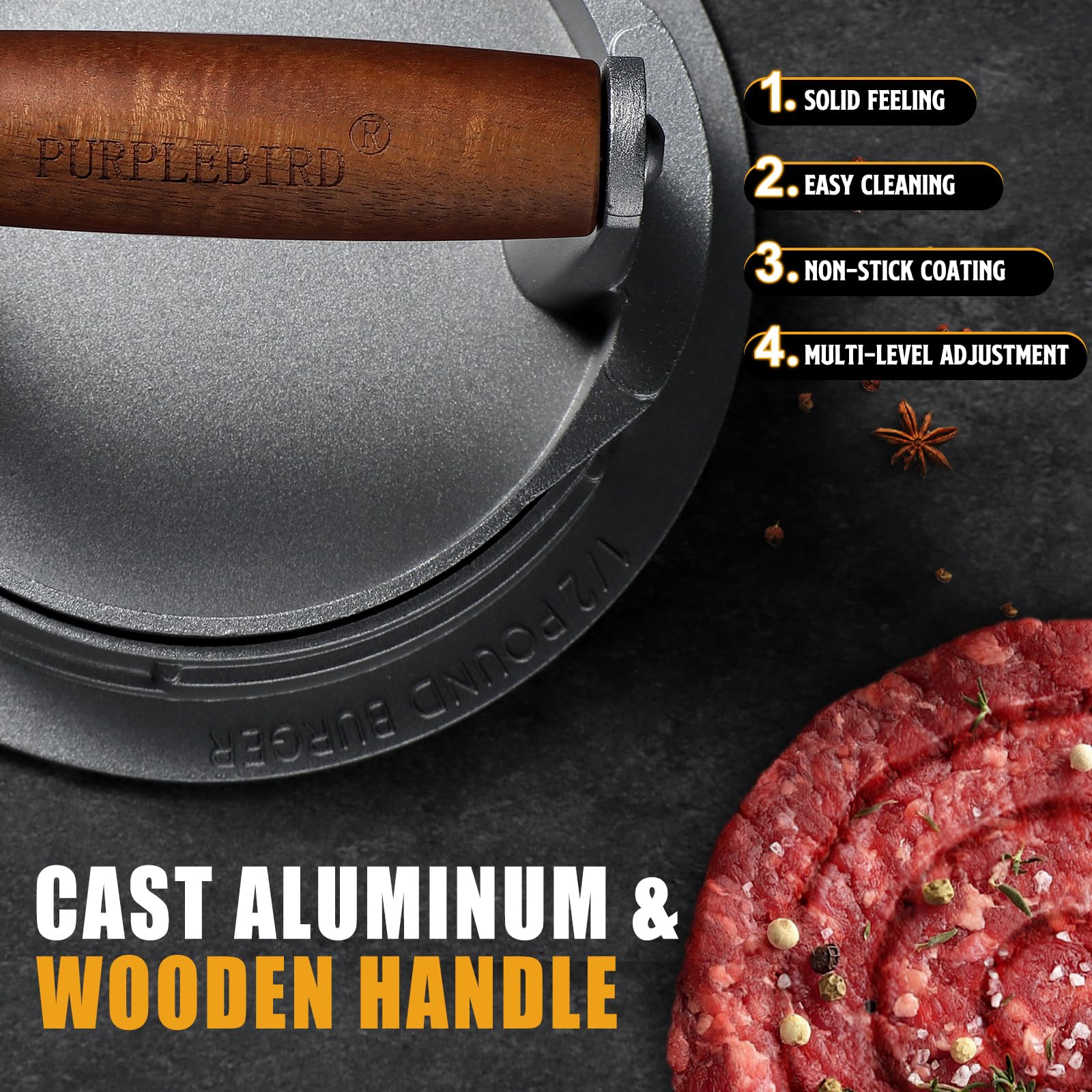 Premium Adjustable Hamburger Press Patty Maker - 3-in-1 Cast Aluminum Burger Shaper Mold for 1/2 lb, 1/3 lb & 1/4 lb Patties - Includes Stuffed Burger Ring & Sausage Slider - Perfect for BBQ, Backyard Grilling & Homemade Burgers - Great Gift for Dad & Mom