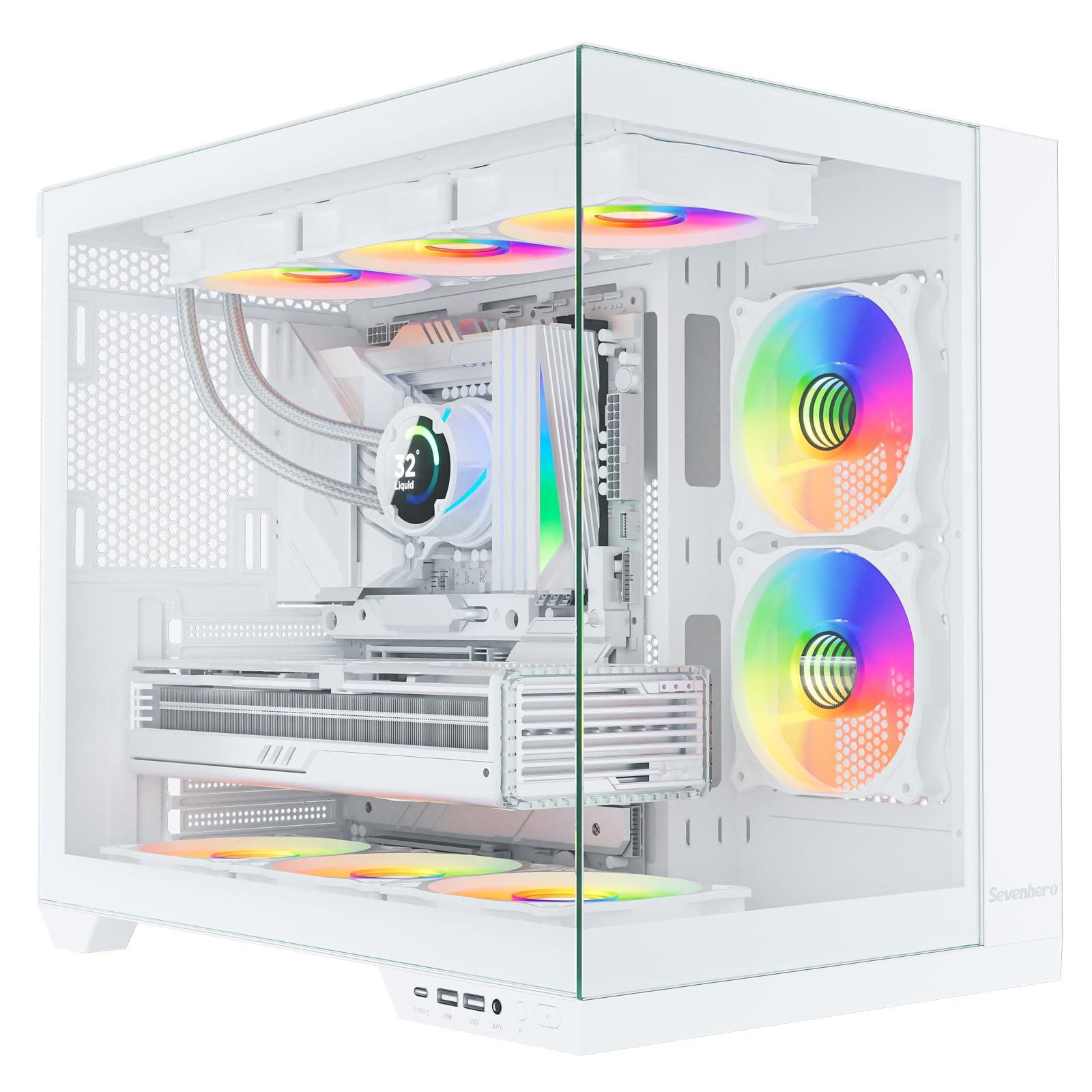 Sevenhero H602 Mid Tower ATX Gaming PC Case - White, 5 Pre-Installed PWM ARGB Fans, Type-C Port, Dual-Chamber Design, Supports 400mm GPU & 2x360mm Radiators | Perfect for High-Performance Gaming Rigs & Custom Water Cooling Builds