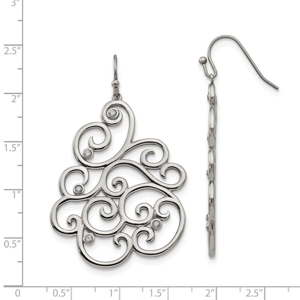 Stainless Steel Polished Filigree CZ Dangle Shepherd Hook Earrings for Women - Elegant Cubic Zirconia Drop Earrings for Party, Wedding & Evening Occasions
