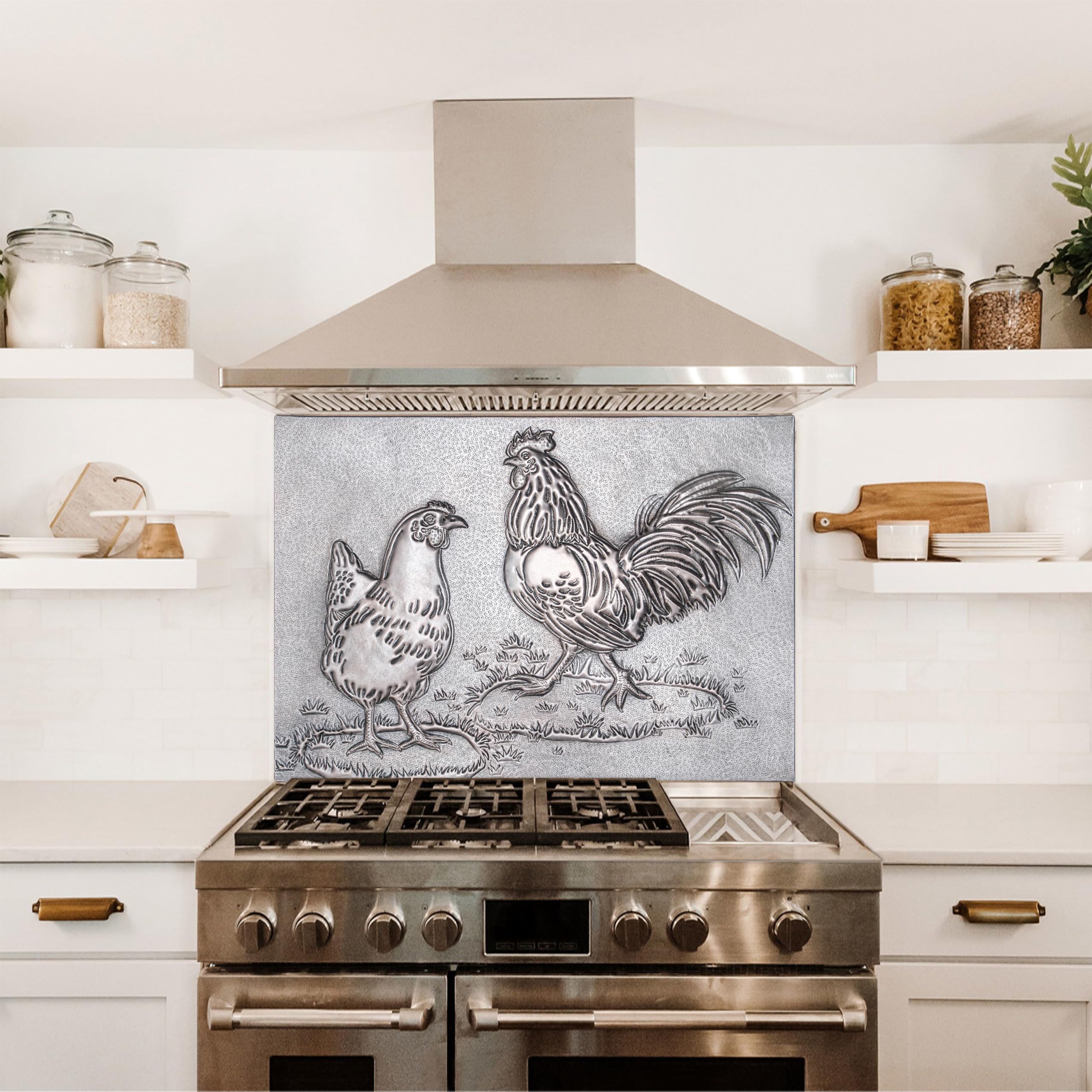Handmade Copper Backsplash Tile - Rooster & Chicken Design - Custom Kitchen Backsplash Panel for Indoor & Outdoor Wall Decor (Gray) | Perfect for Farmhouse, Rustic, or Country Style Kitchens