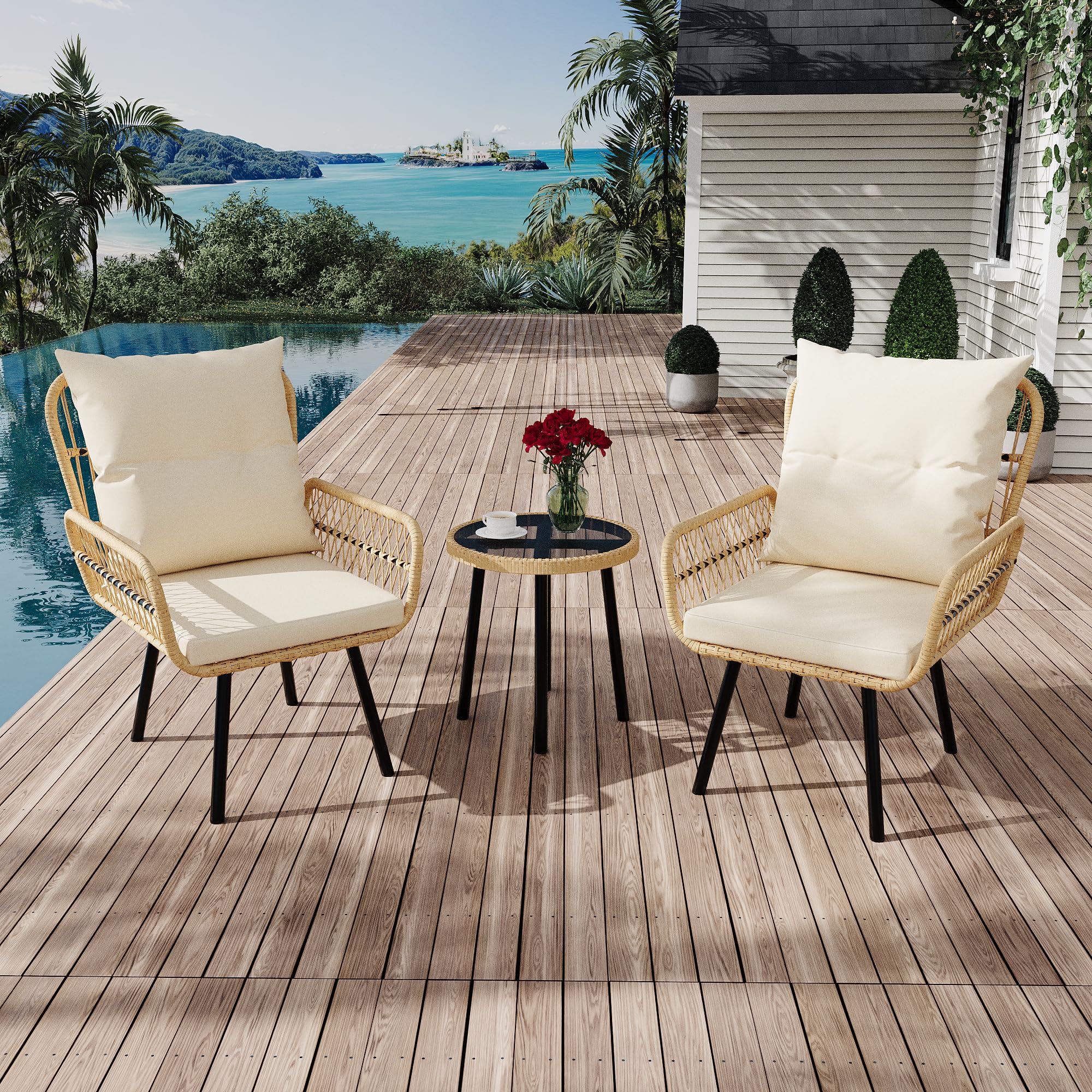 GARVEE 3-Piece Outdoor Wicker Patio Bistro Set - All-Weather Rattan Conversation Set with Glass Top Coffee Table & Cushioned Chairs - Perfect for Poolside, Garden, Backyard, Balcony & Patio Decor - Beige