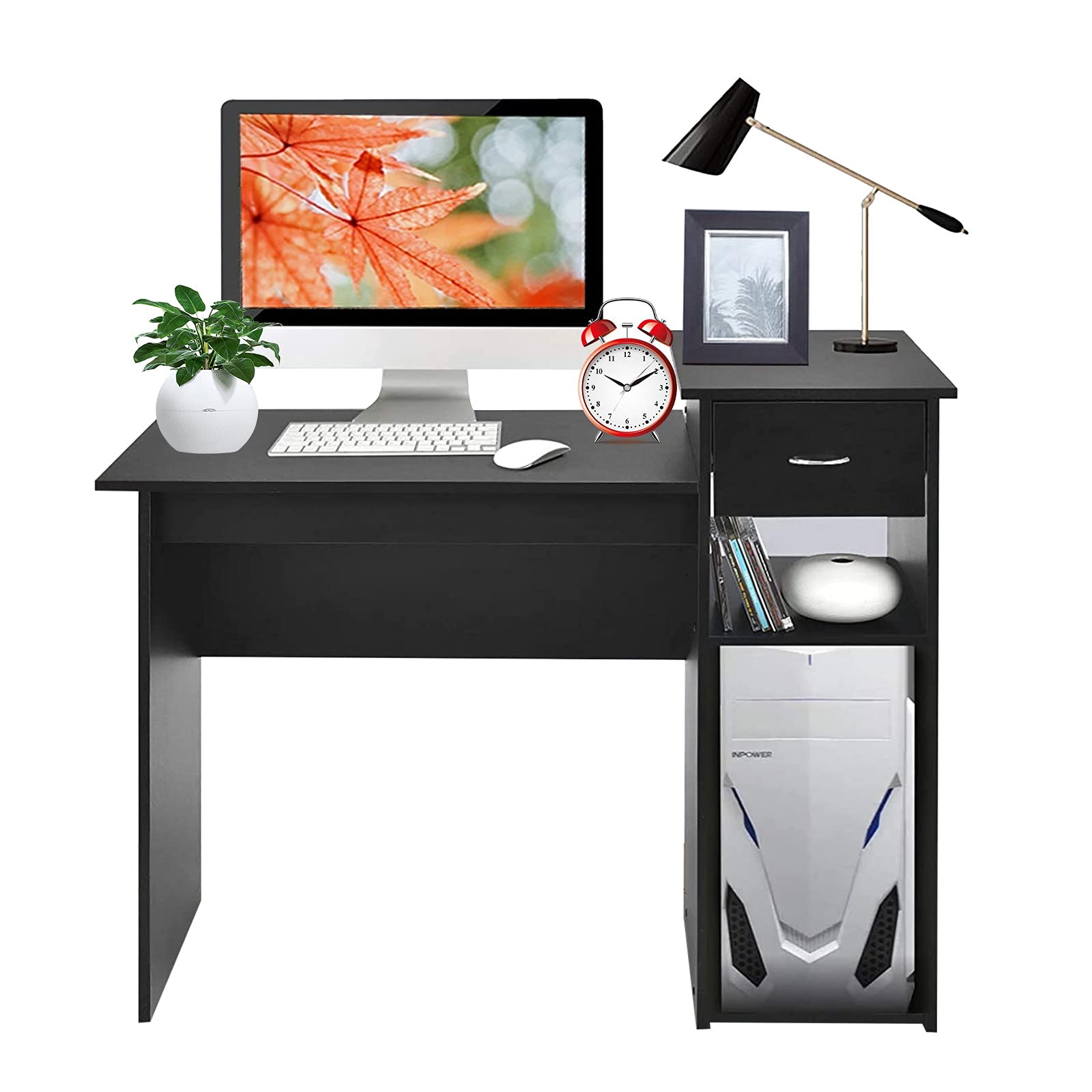 Modern Computer Desk with Drawers & Shelves - Black Home Office Desk for Small Spaces, Study Writing Table for Students, Dorm Room & Workspace - Perfect for Remote Work, Online Classes & Gaming Setup (Black)