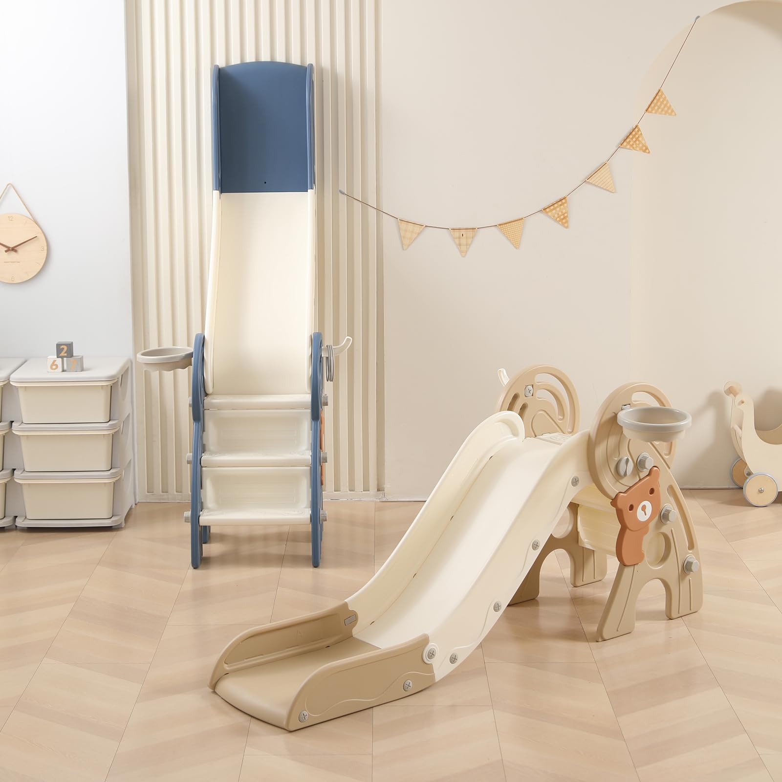 4-in-1 Foldable Toddler Slide with Basketball Hoop | Indoor & Outdoor Plastic Play Slide for Kids Ages 1-3 | Perfect for Backyard, Playroom & Birthday Parties (Brown)
