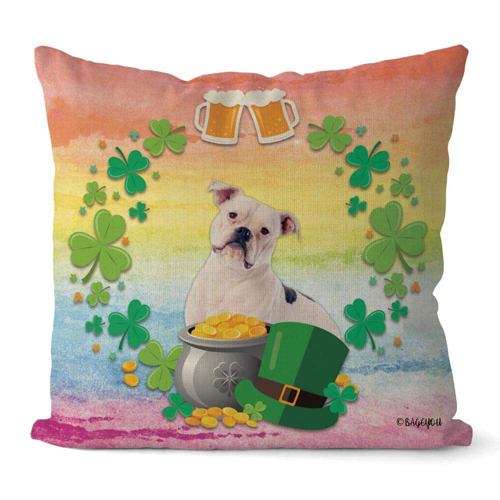Happy St. Patrick's Day Shamrock Clover Dog Throw Pillow Cover - 18x18 Inch Square Cotton Linen Cushion Case with Leprechaun, Gold Pot Coins & Beer Design - Perfect for Home Decor, Couch, Sofa & Holiday Celebrations