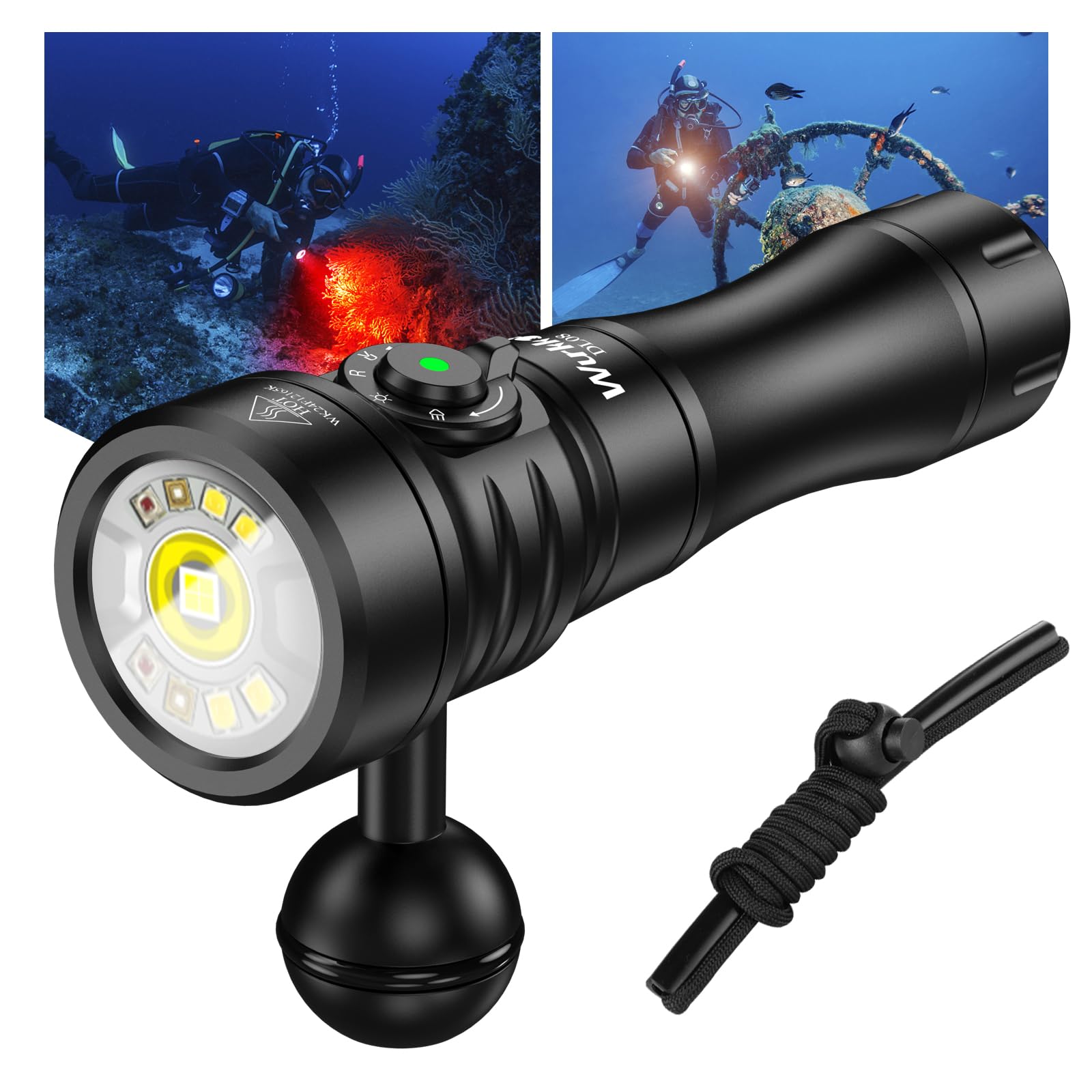 Wurkkos DL08 3600 Lumens Rechargeable Scuba Diving Light with Red & UV Modes, IP68 Waterproof Underwater Flashlight with Adjustable Brightness & 5000mAh Battery - Perfect for Night Diving, Cave Exploration & Underwater Photography