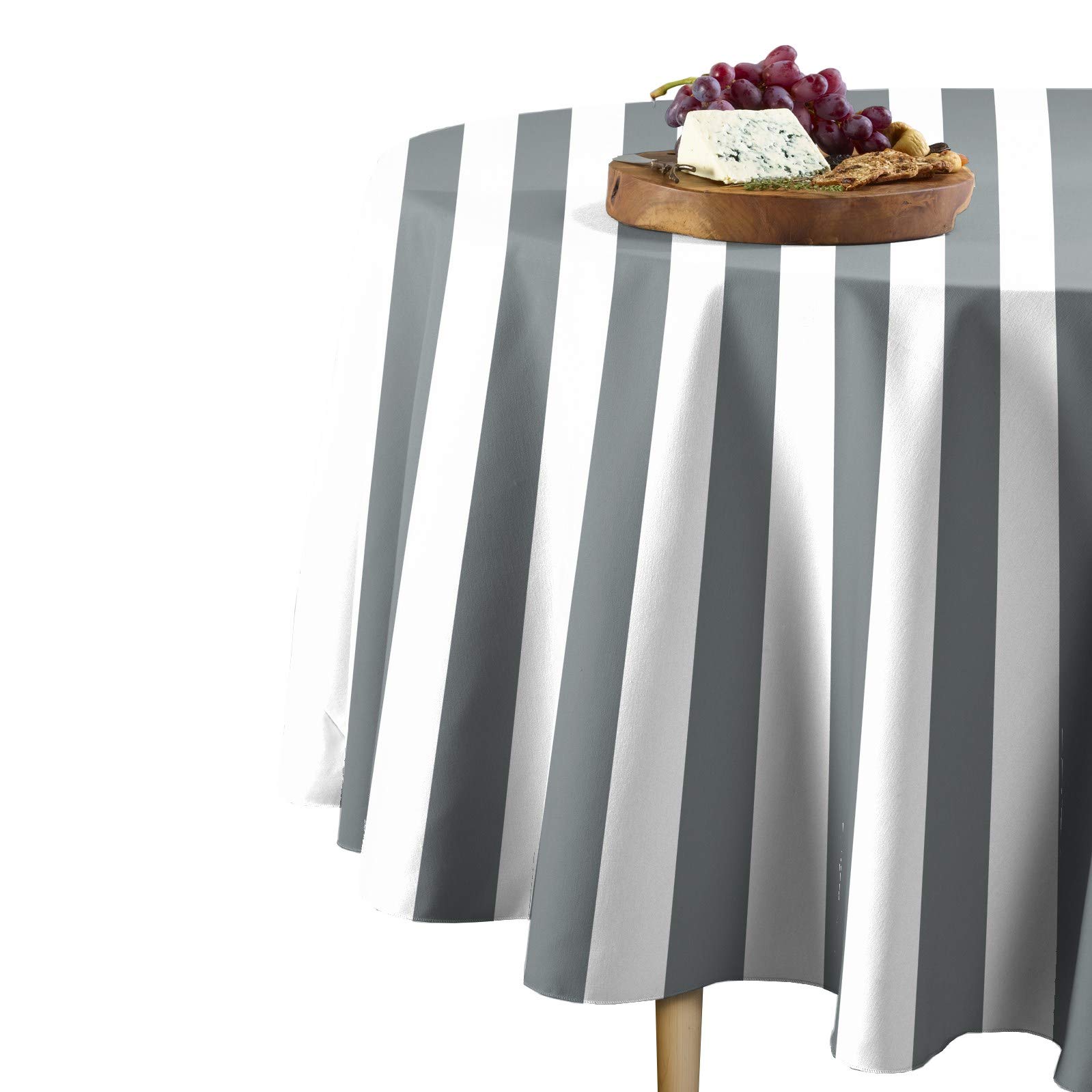 Premium Cabana Stripe Round Tablecloth - Classic Gray & White 120-Inch Dining Table Cover | Machine Washable, Stain-Resistant Fabric | USA-Made for Patio, Outdoor Dining & Special Events