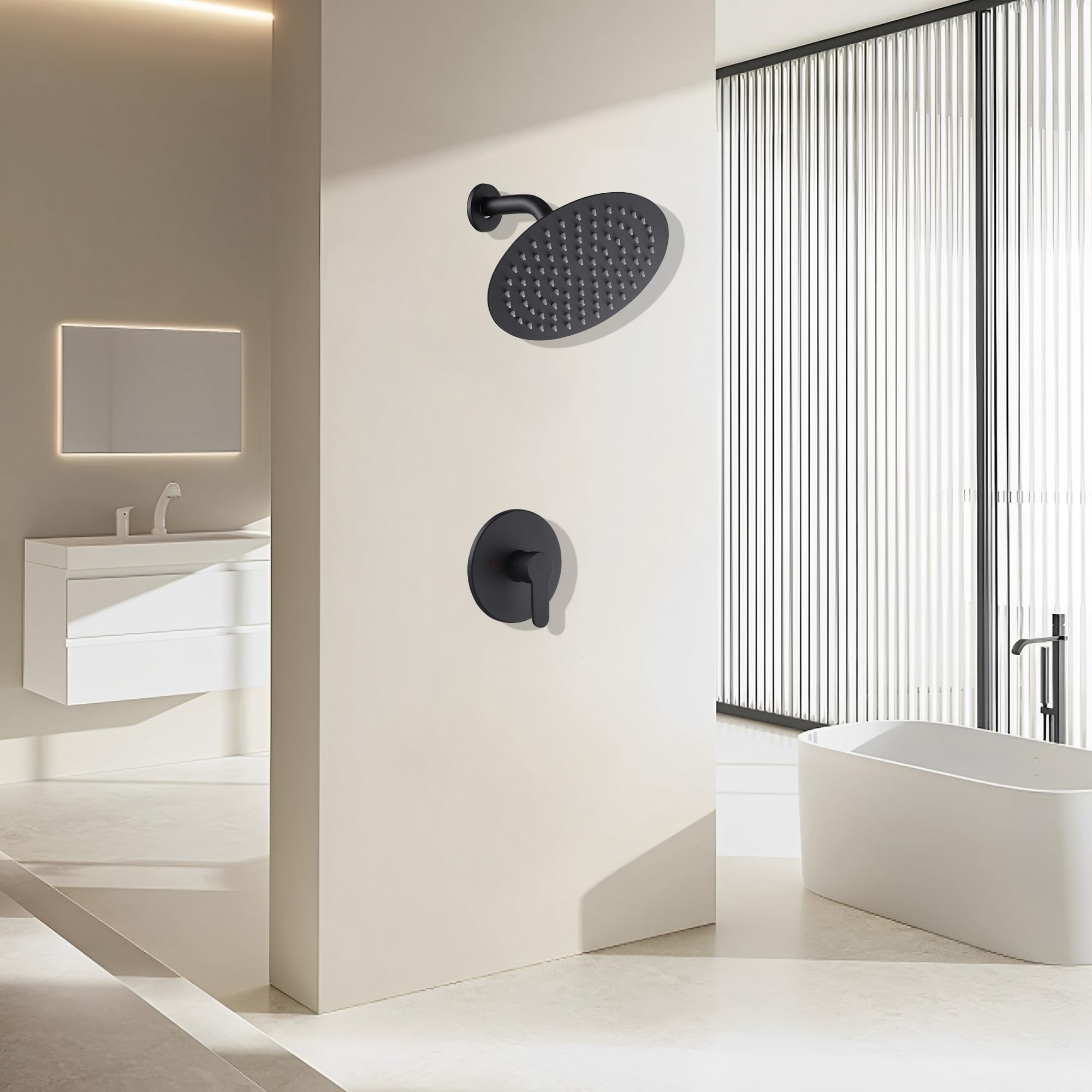 Matte Black Shower Faucet Set - GGStudy Single Function Shower Trim Kit with Rough-in Valve, 8 Inch Stainless Steel Rainfall Shower Head - Perfect for Modern Bathroom Renovation & Spa-like Shower Experience
