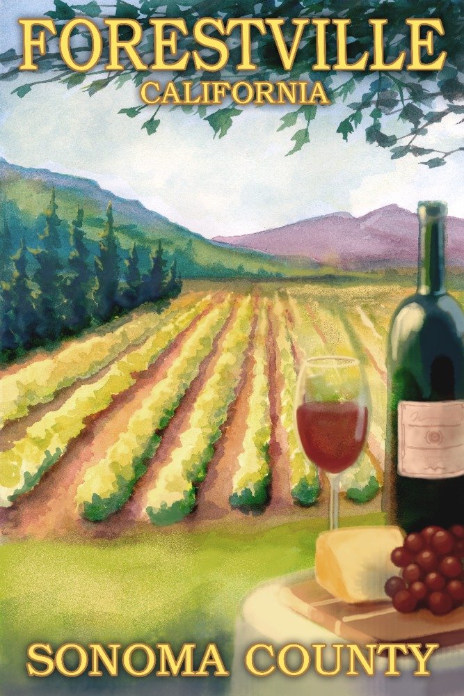 Forestville California Wine Country Vineyard Landscape - 24x36 Signed Art Print Poster, Wall Decor for Living Room, Bedroom & Office