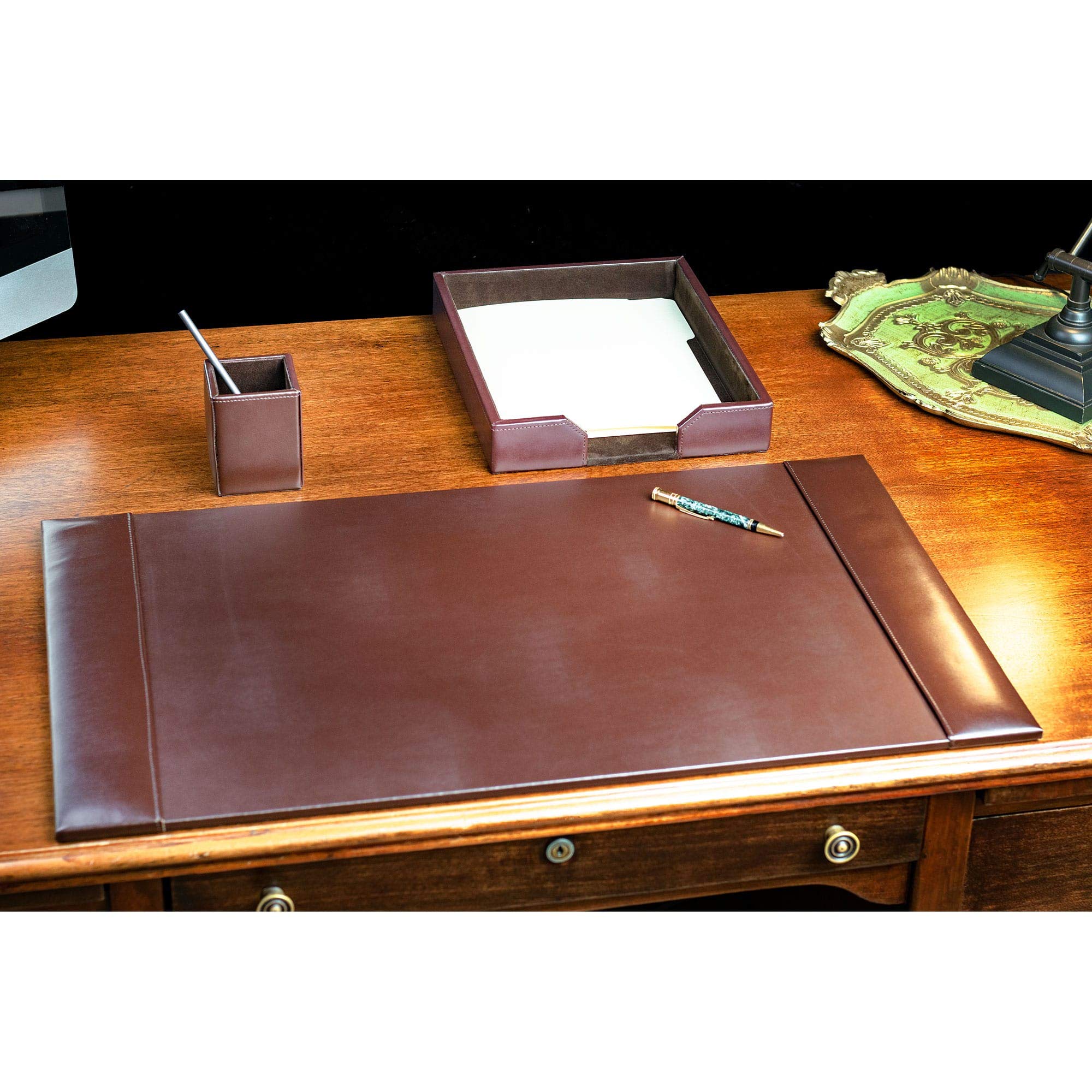 Premium 3-Piece Dark Brown Leather Desk Pad Set with Organizer | Luxurious Office Desk Accessories for Work & Home | Perfect for Professionals, Writers & Students