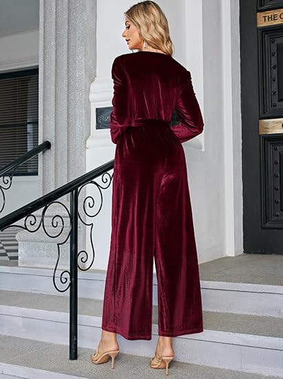 BerryGo Women's 2024 Velvet Formal Jumpsuit - Long Sleeve Wide Leg V-Neck Romper with Belt & Pocket for Wedding Guest, Cocktail Party, Holiday Events & Special Occasions